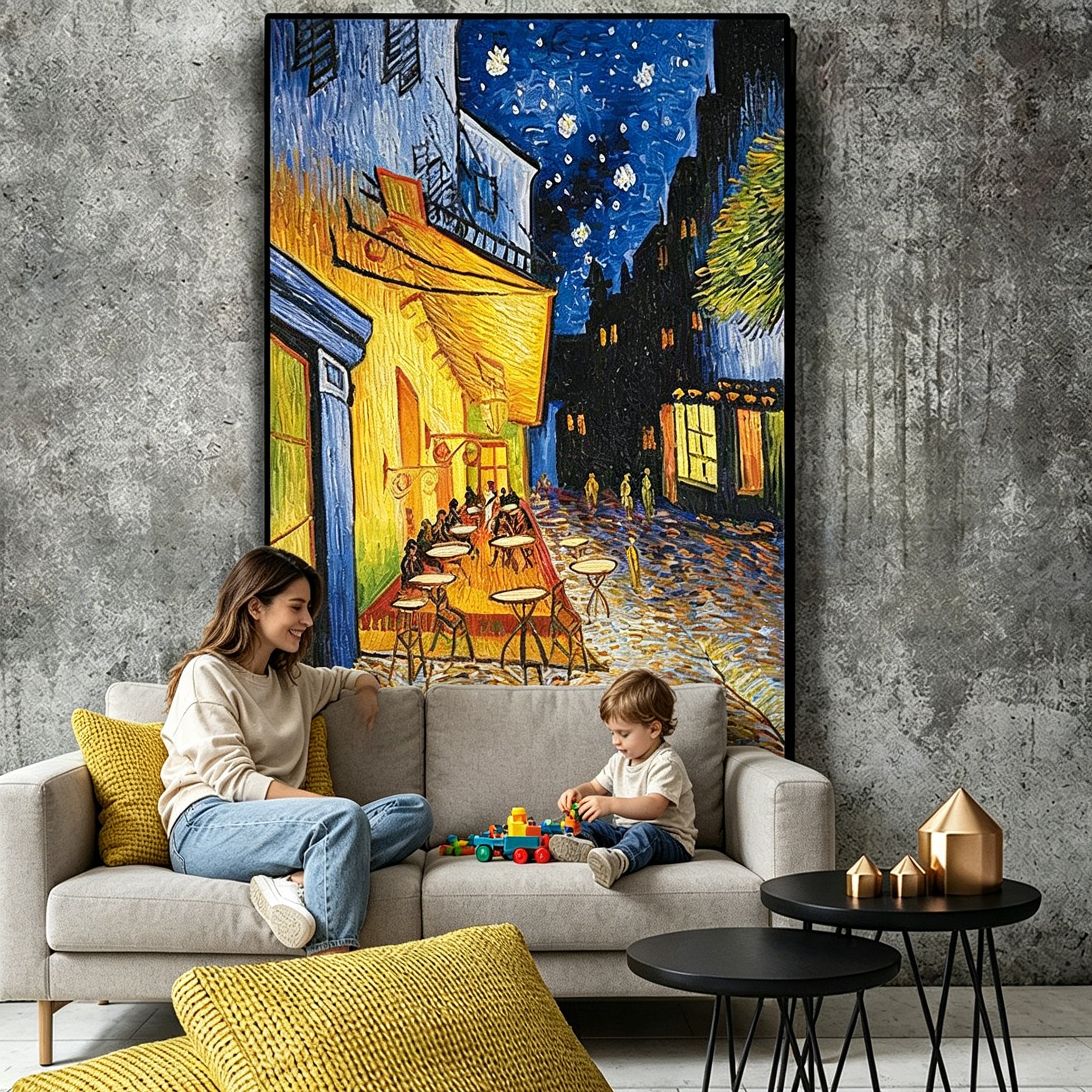 Hand‑Painted European Night Street Scene Oil Painting | Vintage Cobblestone Terrace Wall Art