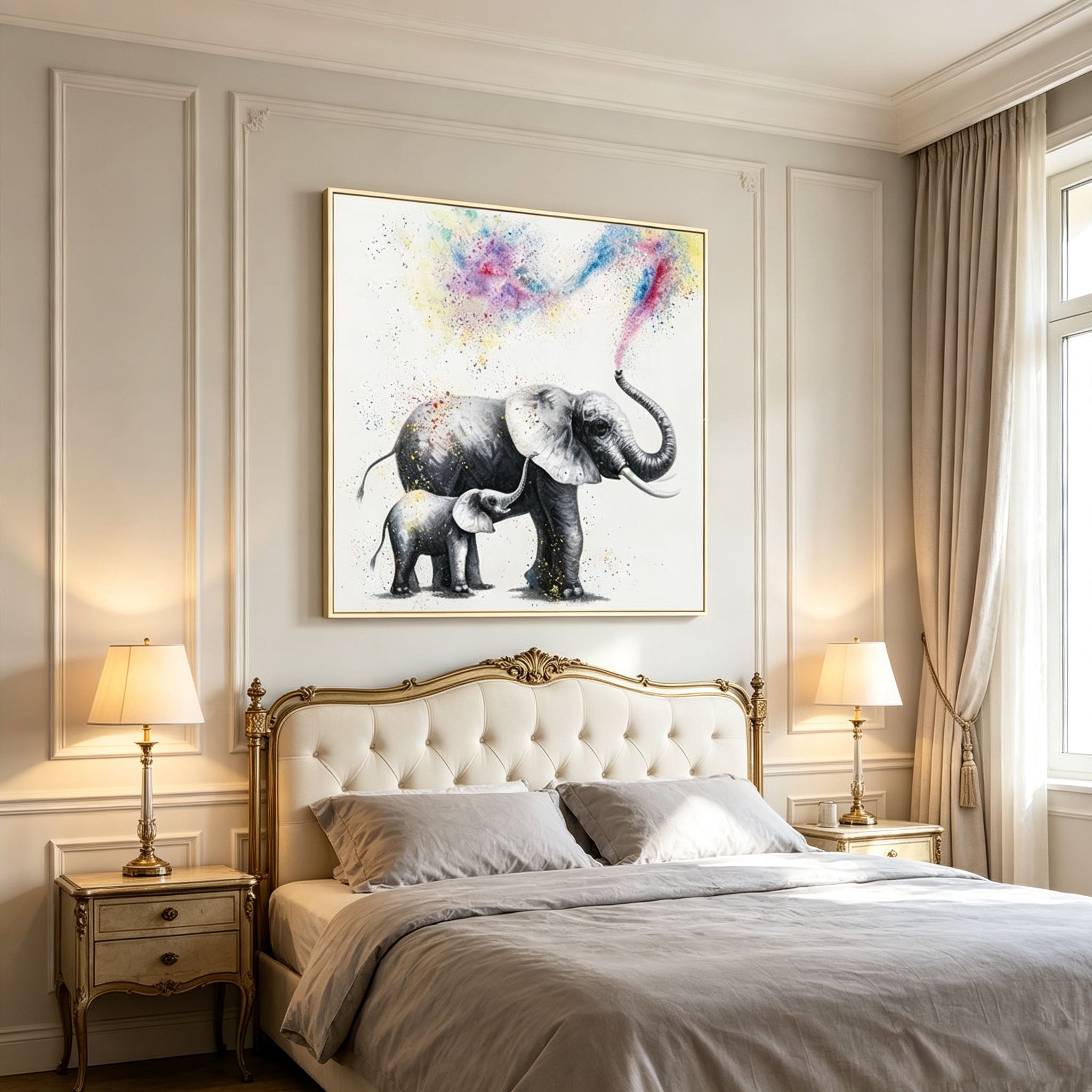 Mother and Baby Elephant Oil Painting, Colorful Splash Animal Canvas Wall Art, Modern Family Wildlife Decor