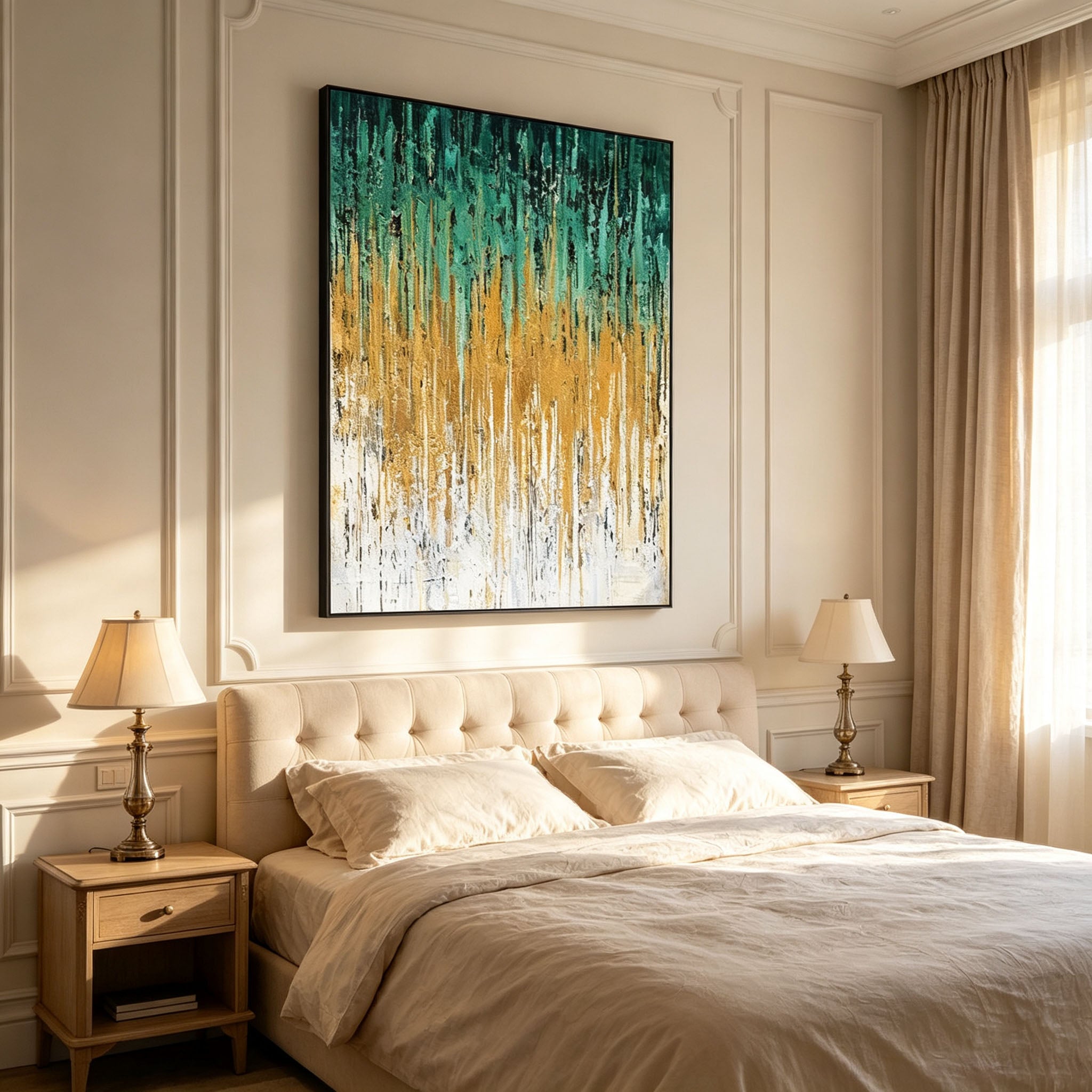 Green Gold Abstract Wall Art, Vertical Striped Texture Oil Painting, Dark Green White Luxury Canvas, Modern Dining Room Wall Decor