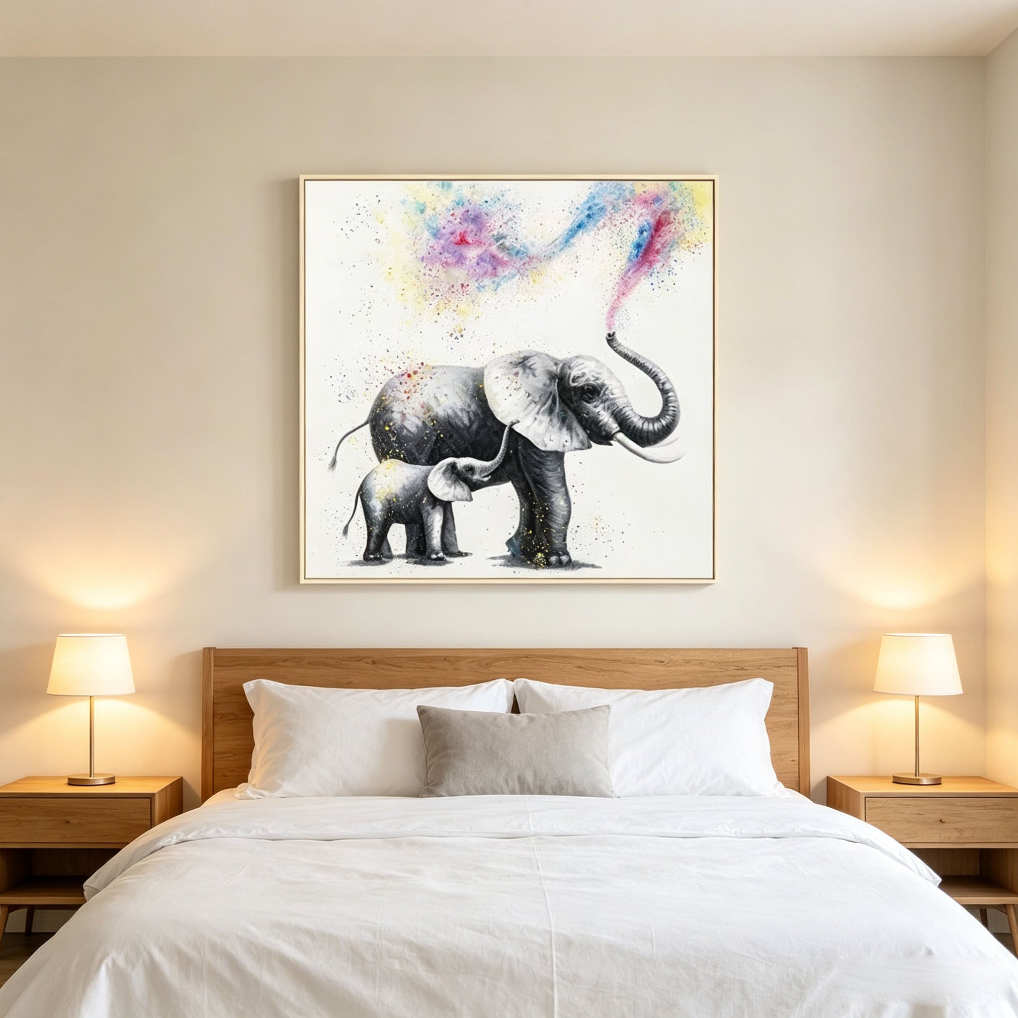Mother and Baby Elephant Oil Painting, Colorful Splash Animal Canvas Wall Art, Modern Family Wildlife Decor