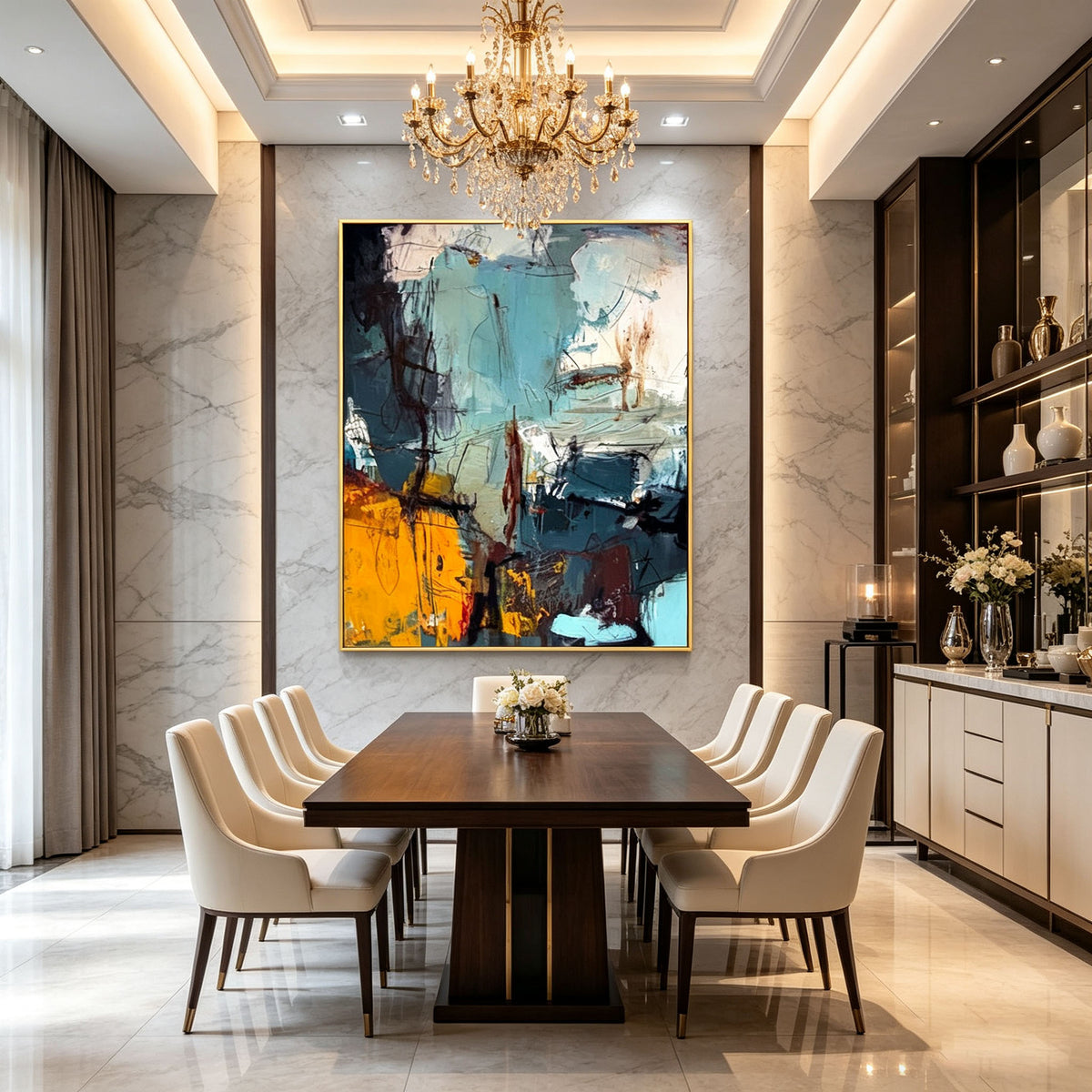 Blue Yellow Abstract Wall Art, Black White Gold Framed Oil Painting, Large Expressive Brushstroke Canvas, Modern Luxury Bedroom Decor