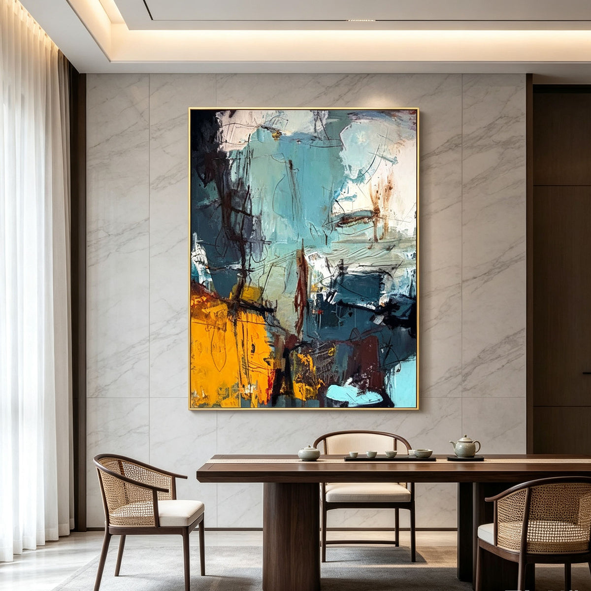 Blue Yellow Abstract Wall Art, Black White Gold Framed Oil Painting, Large Expressive Brushstroke Canvas, Modern Luxury Bedroom Decor