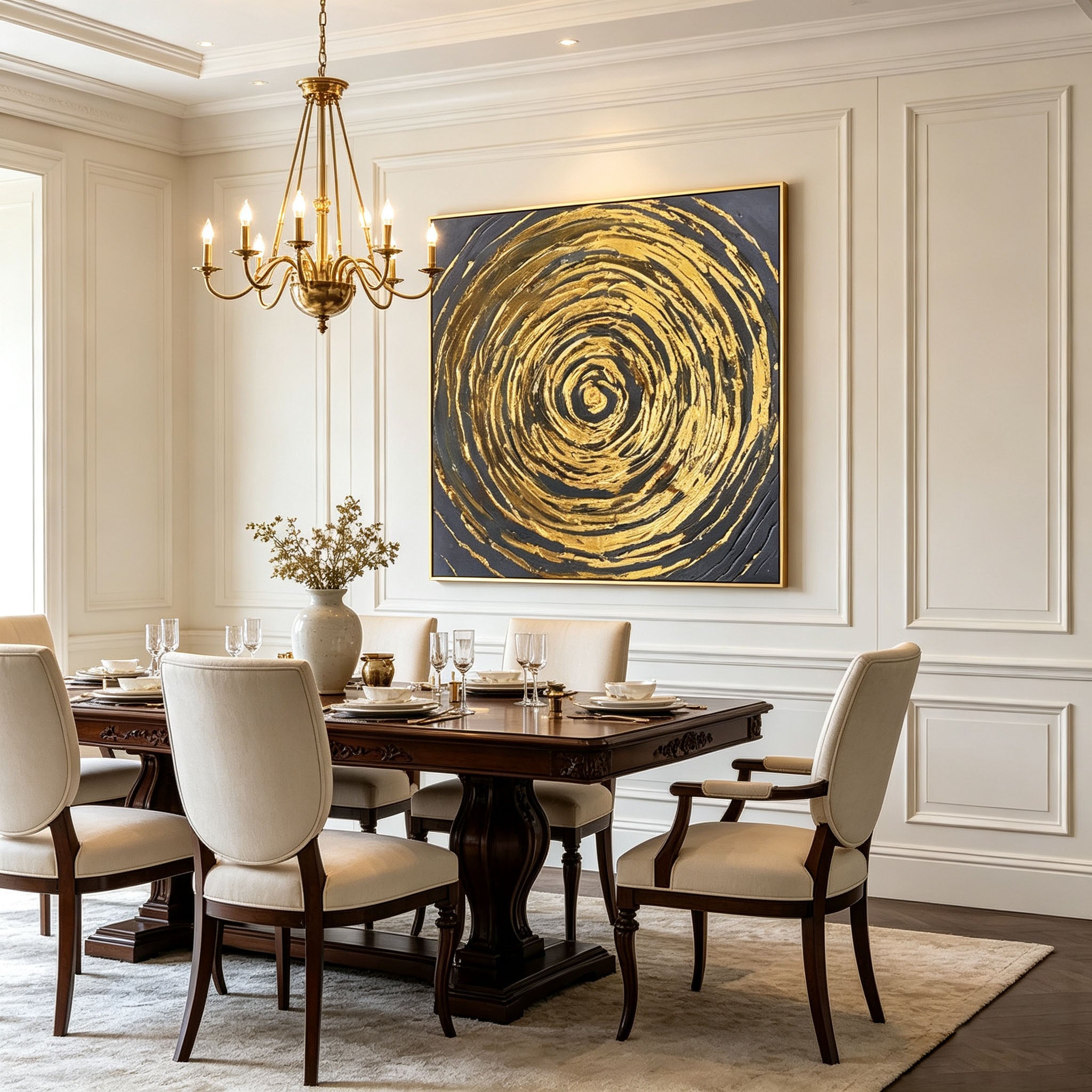 Thick Impasto Gold Swirl Abstract Oil Painting, Dark Grey Circular Texture Canvas Wall Art, Luxury Modern Handmade Decor