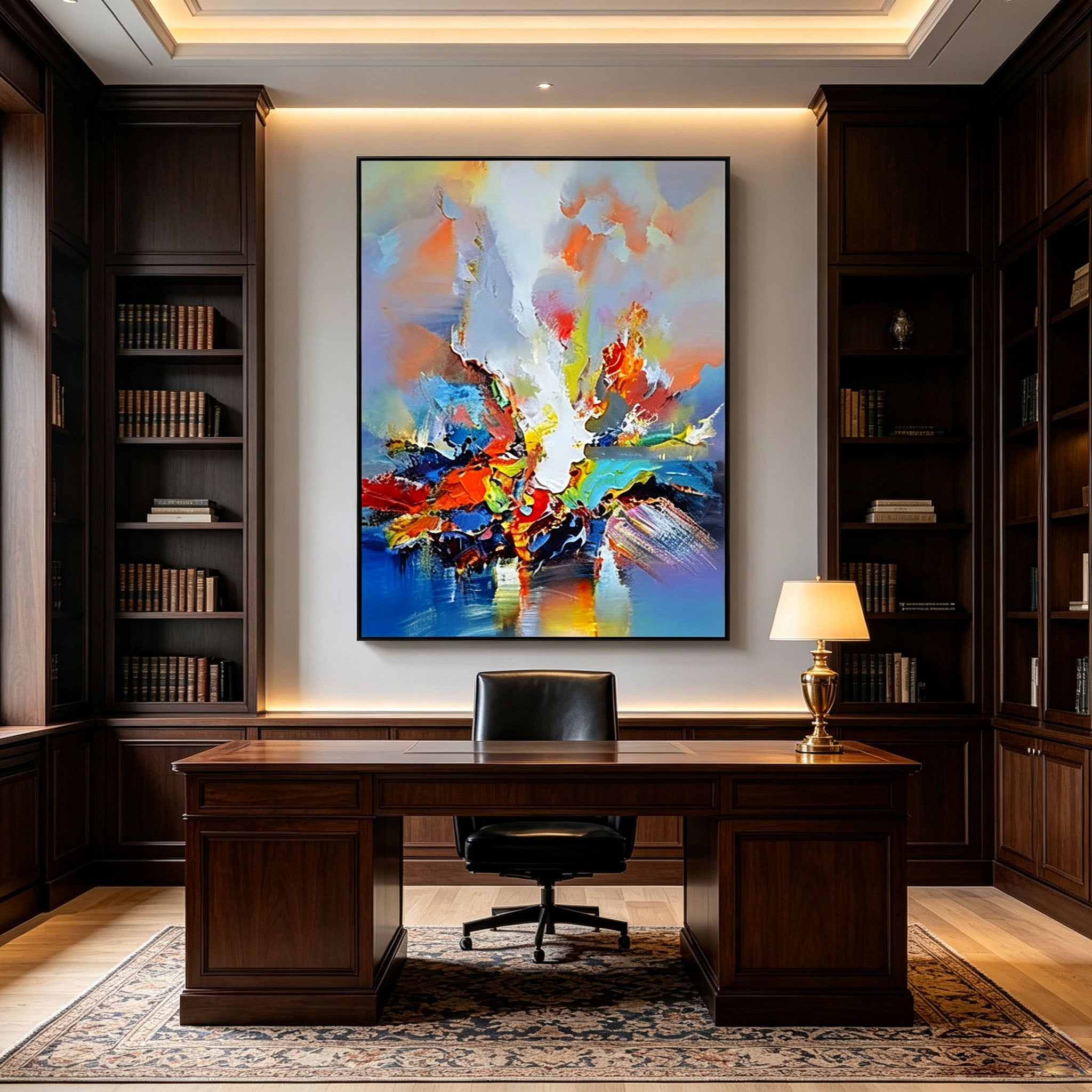 Colorful Abstract Wall Art, Blue Red Orange Yellow Oil Painting, Large Expressive Canvas, Statement Office Study Living Room Decor
