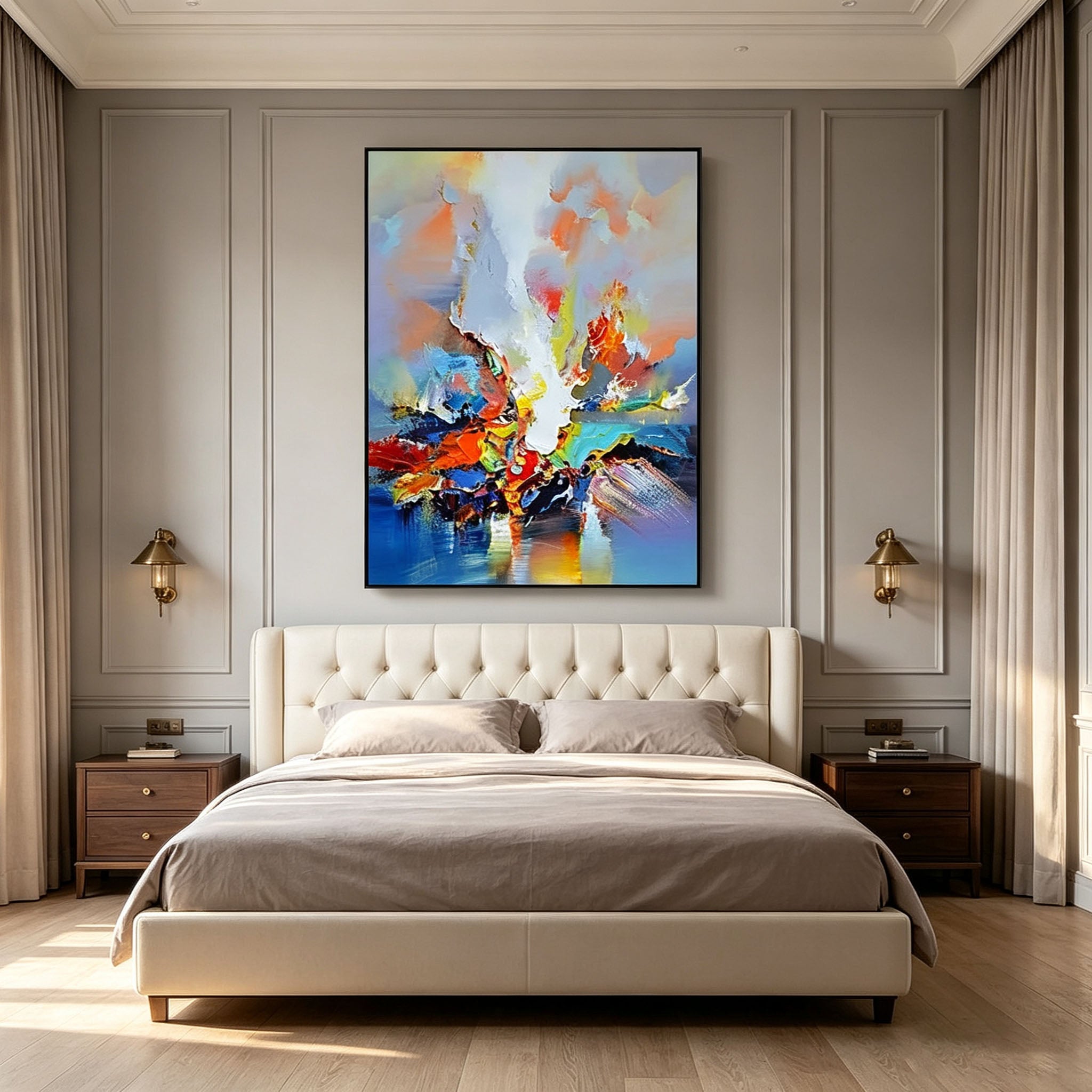 Colorful Abstract Wall Art, Blue Red Orange Yellow Oil Painting, Large Expressive Canvas, Statement Office Study Living Room Decor