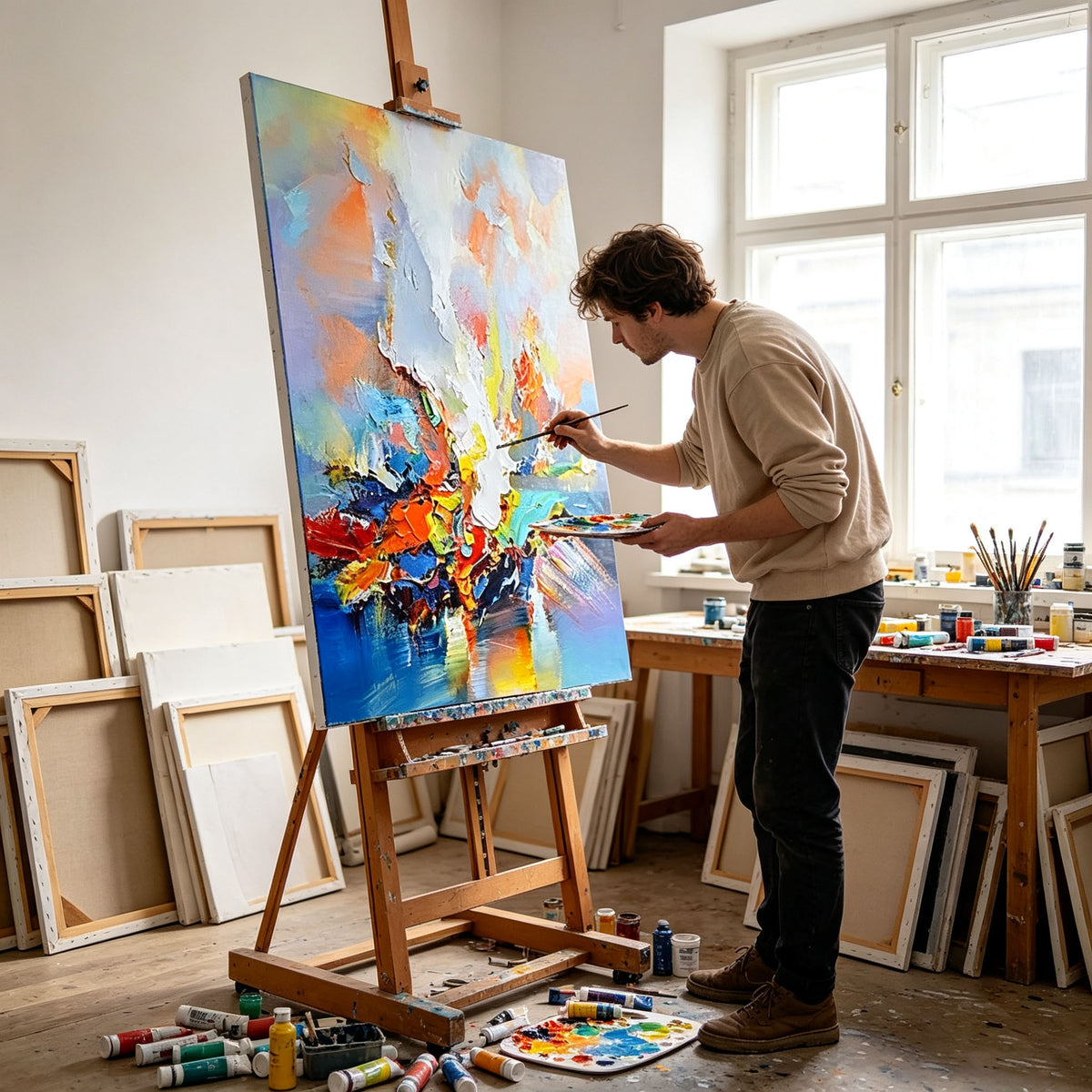 Colorful Abstract Wall Art, Blue Red Orange Yellow Oil Painting, Large Expressive Canvas, Statement Office Study Living Room Decor