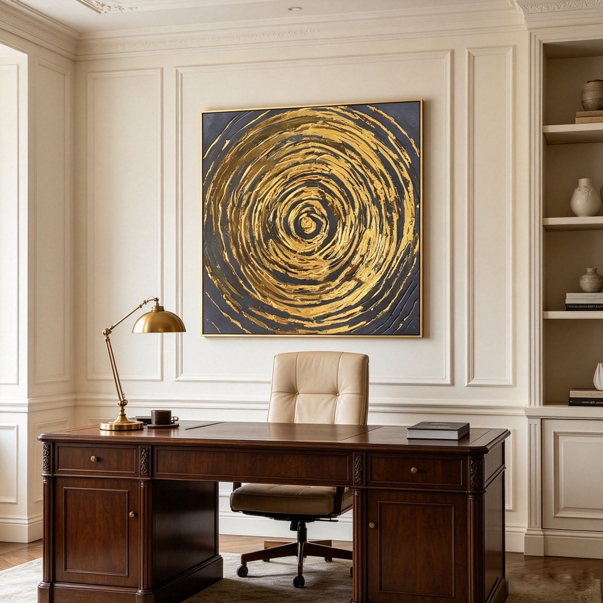 Thick Impasto Gold Swirl Abstract Oil Painting, Dark Grey Circular Texture Canvas Wall Art, Luxury Modern Handmade Decor