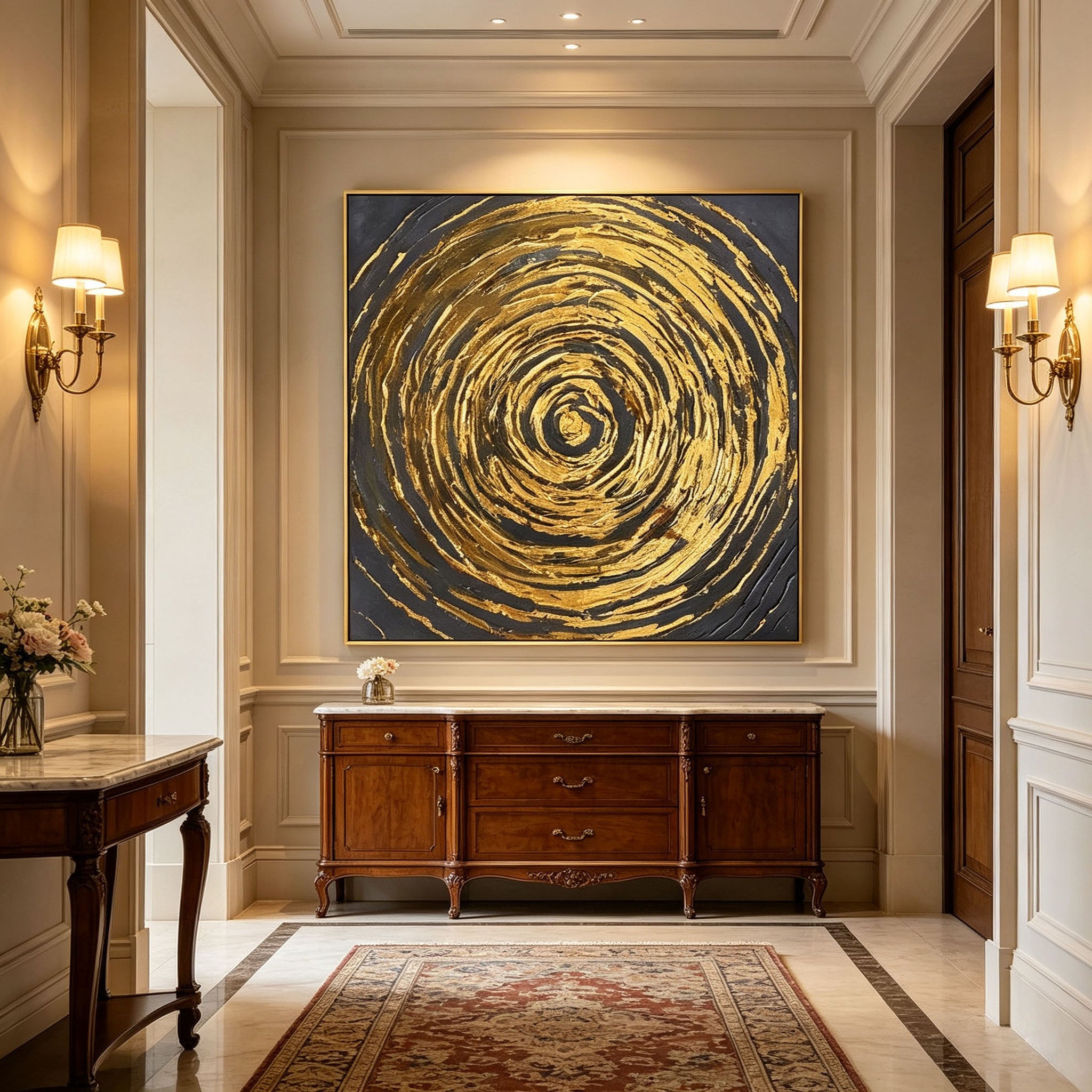 Thick Impasto Gold Swirl Abstract Oil Painting, Dark Grey Circular Texture Canvas Wall Art, Luxury Modern Handmade Decor