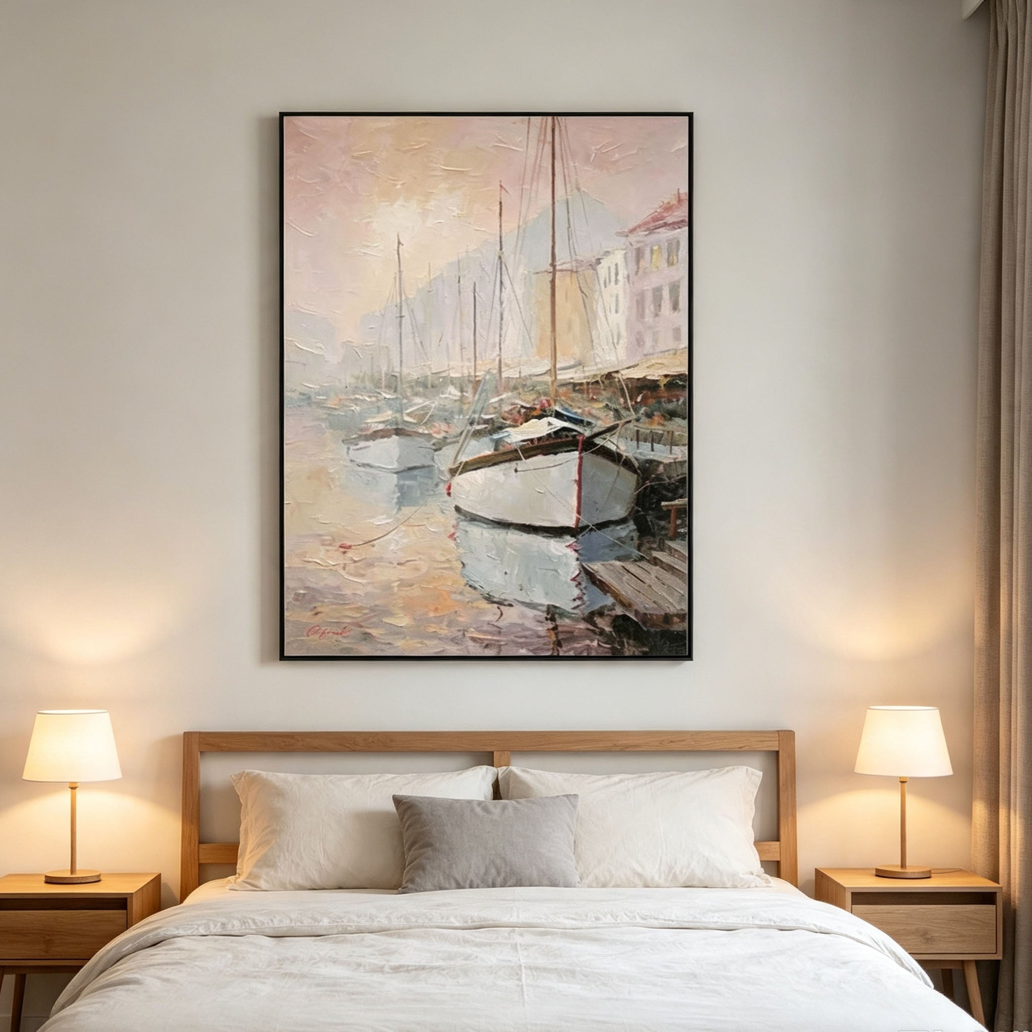 Impressionist Harbor Wall Art, Sailboat Port Oil Painting, Large Soft Coastal Landscape Canvas, Vintage Nautical Living Room Window Decor