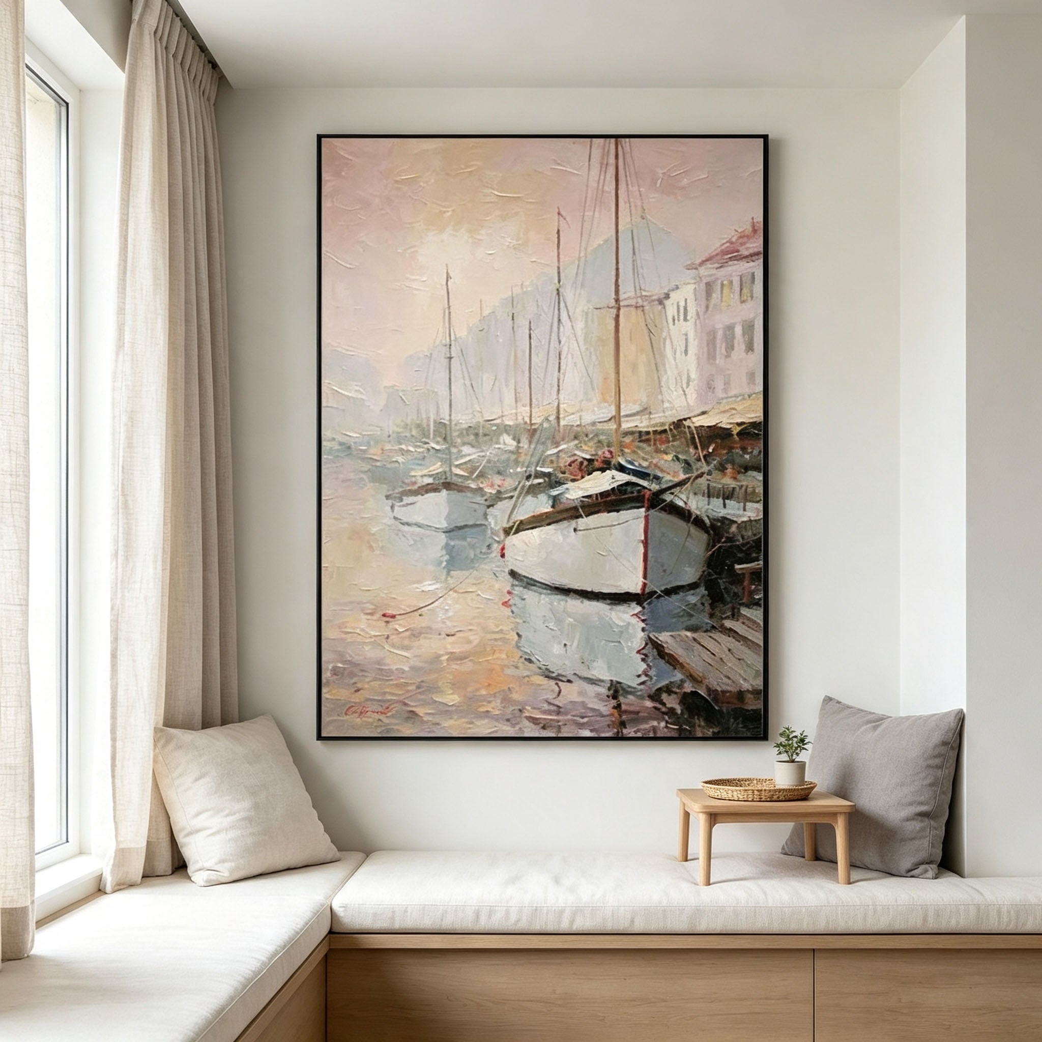 Impressionist Harbor Wall Art, Sailboat Port Oil Painting, Large Soft Coastal Landscape Canvas, Vintage Nautical Living Room Window Decor