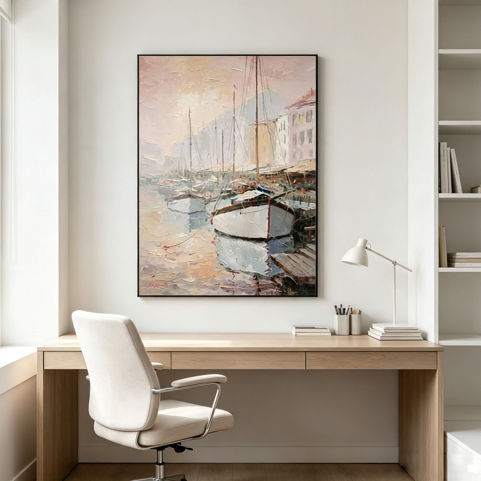Impressionist Harbor Wall Art, Sailboat Port Oil Painting, Large Soft Coastal Landscape Canvas, Vintage Nautical Living Room Window Decor
