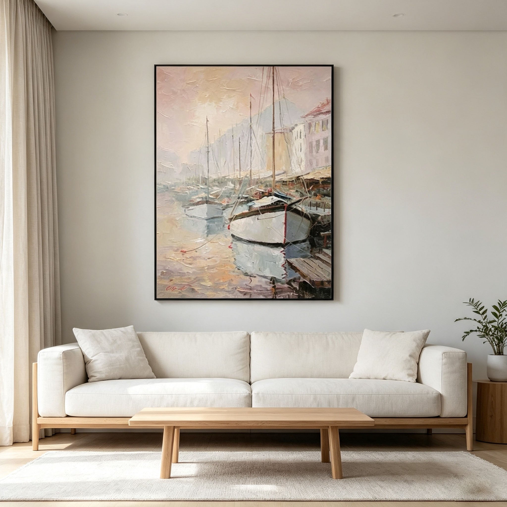 Impressionist Harbor Wall Art, Sailboat Port Oil Painting, Large Soft Coastal Landscape Canvas, Vintage Nautical Living Room Window Decor
