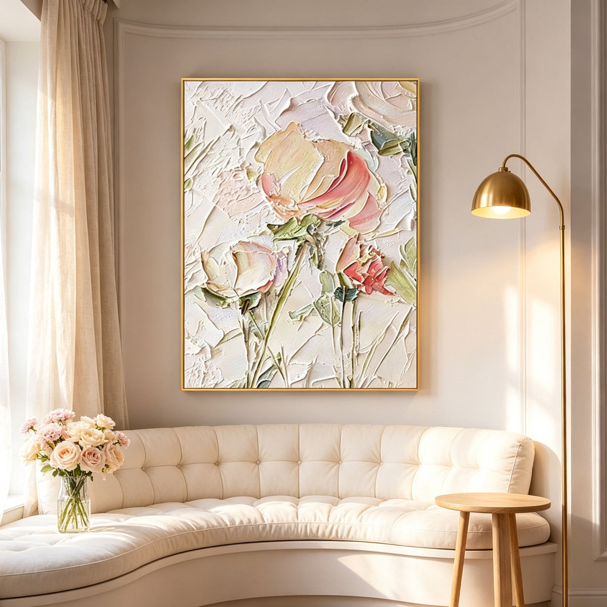 Pink Rose Wall Art, Gold Frame Floral Impasto Oil Painting, Large Soft Yellow Green Textured Canvas, Luxury Bedroom Wall Decor