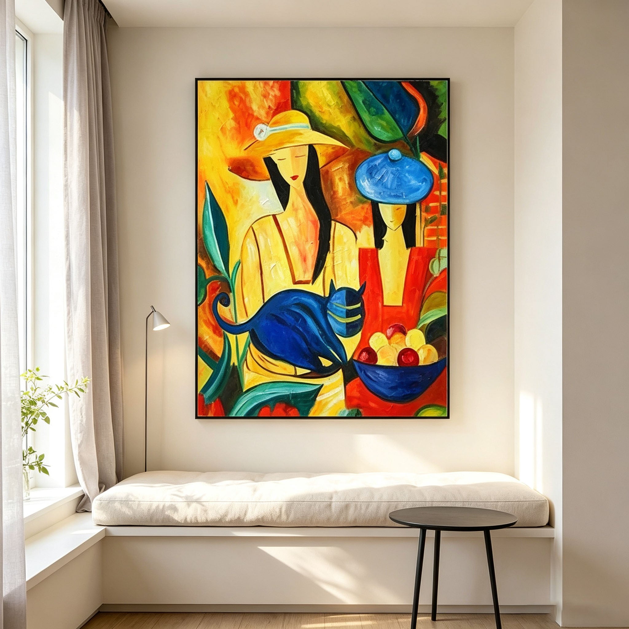 Stylized People and Blue Cat Wall Art, Colorful Abstract Oil Painting, Figurative Art Canvas with Fruit Bowl, Modern Living Room Decor
