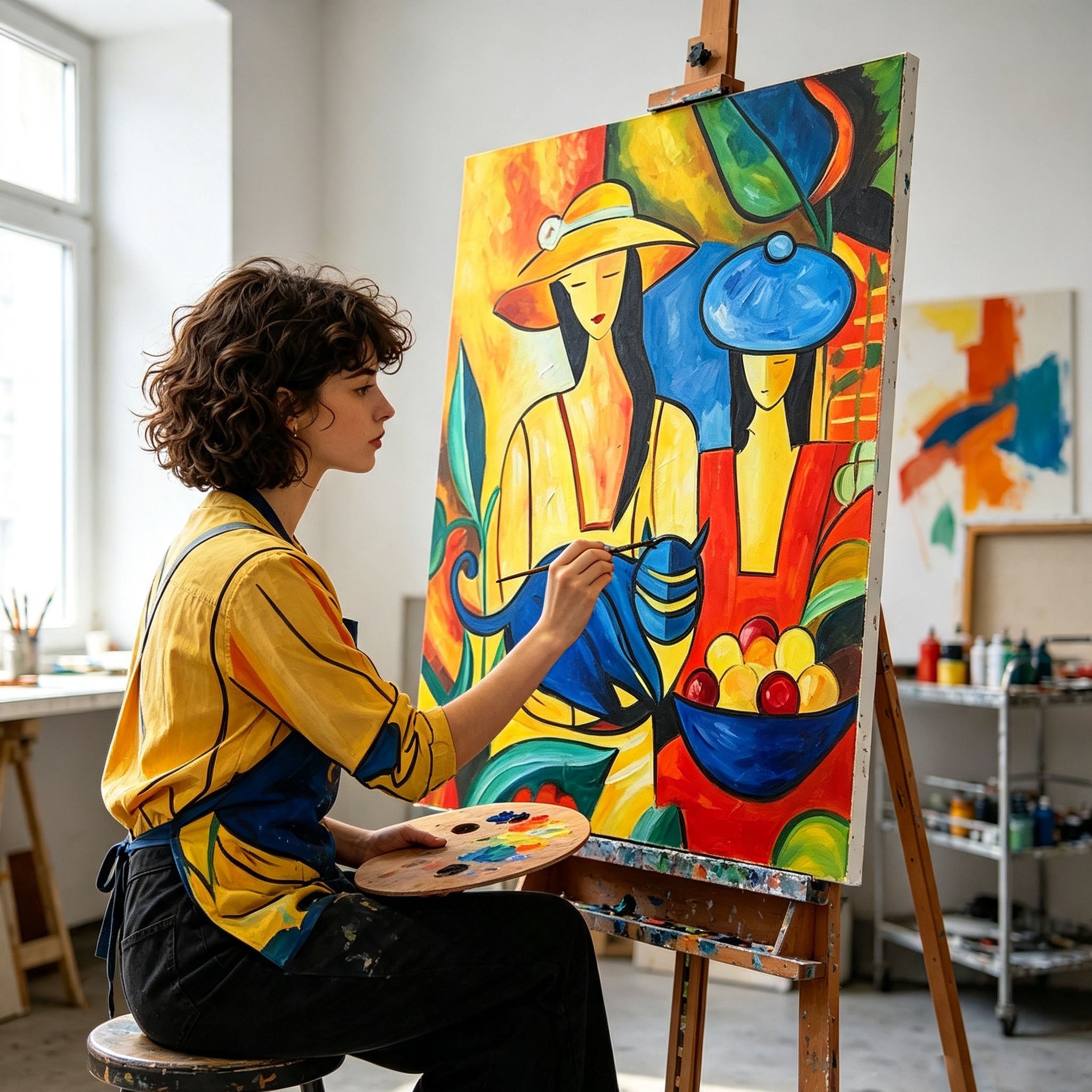 Stylized People and Blue Cat Wall Art, Colorful Abstract Oil Painting, Figurative Art Canvas with Fruit Bowl, Modern Living Room Decor