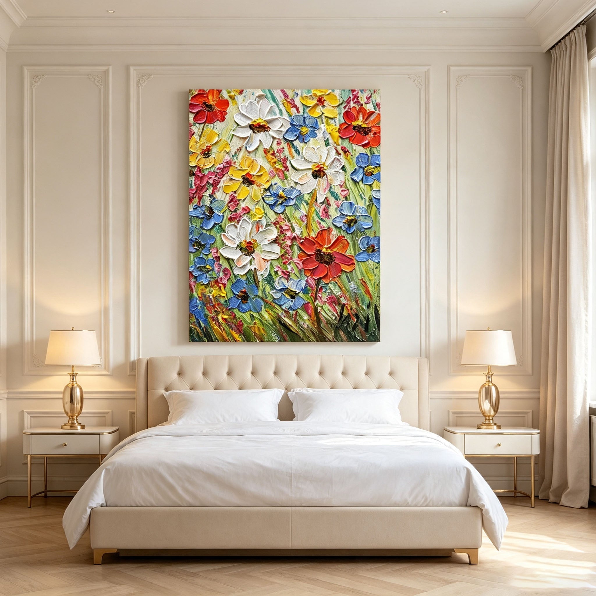 Daisy Floral Wall Art, Colorful Red Yellow Blue Flower Oil Painting, Large Textured Bouquet Canvas, Modern Living Room Wall Decor