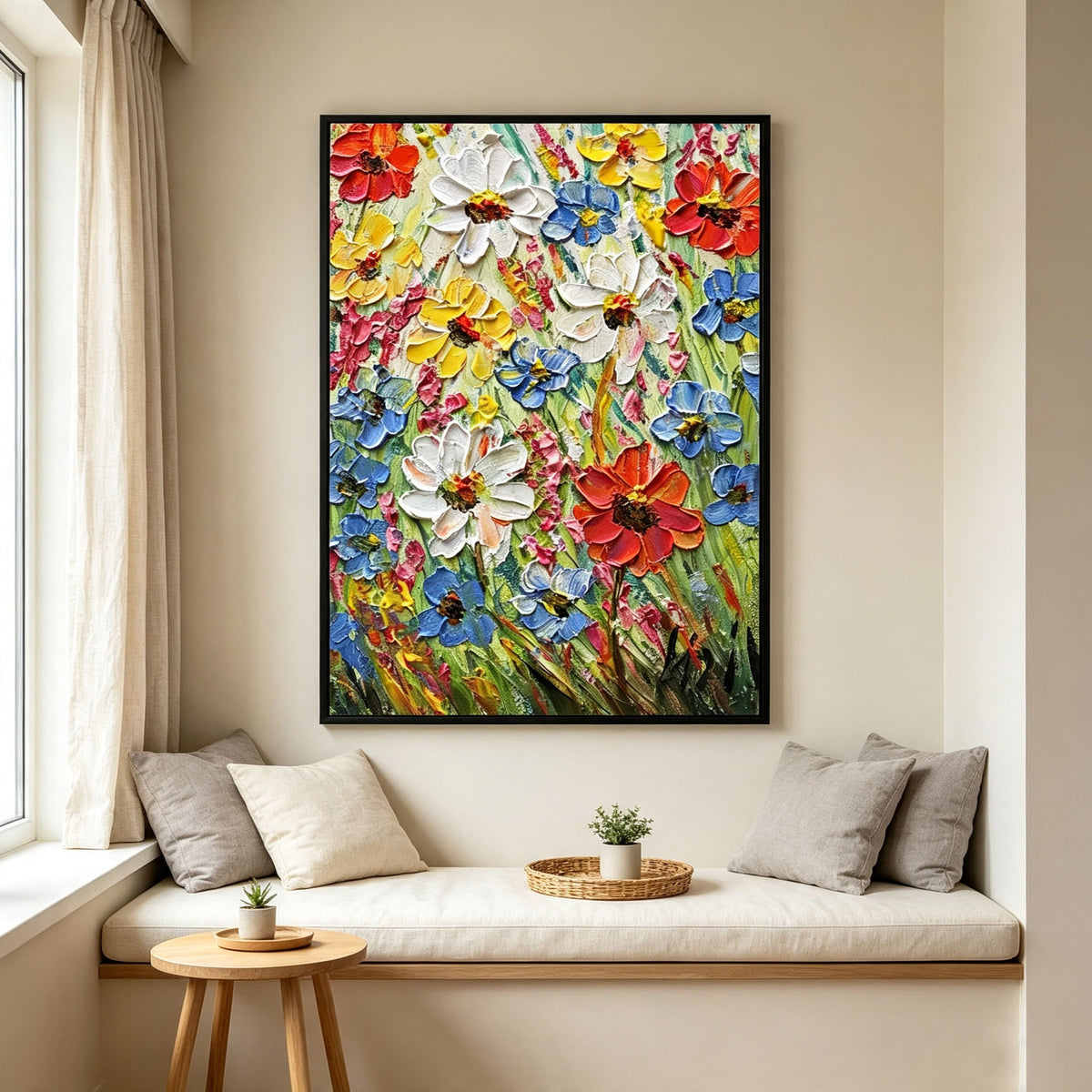 Daisy Floral Wall Art, Colorful Red Yellow Blue Flower Oil Painting, Large Textured Bouquet Canvas, Modern Living Room Wall Decor