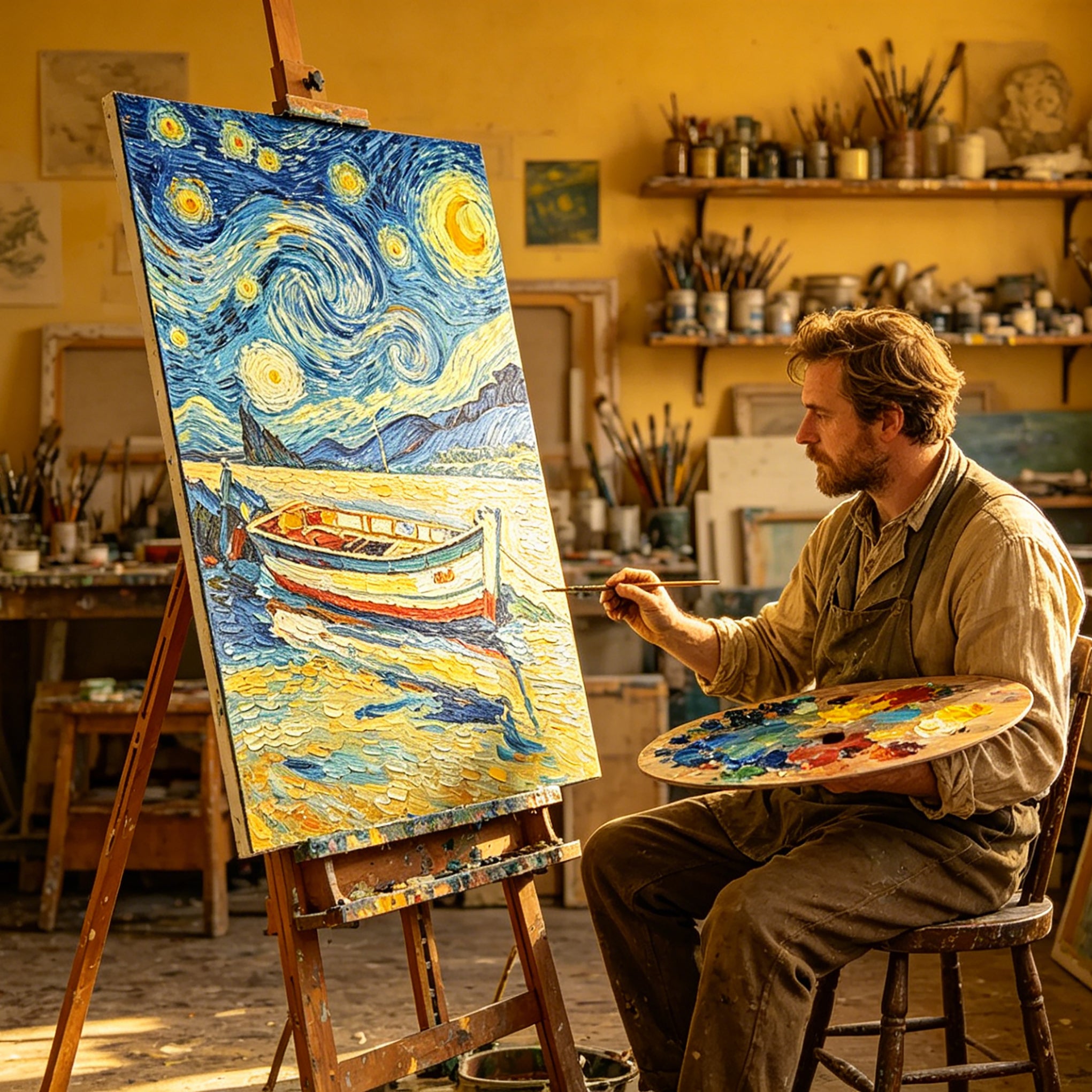 Stretched Hand-Painted "Starry Night Harbor" Oil Painting – Van Gogh-Inspired Impressionist Statement Canvas