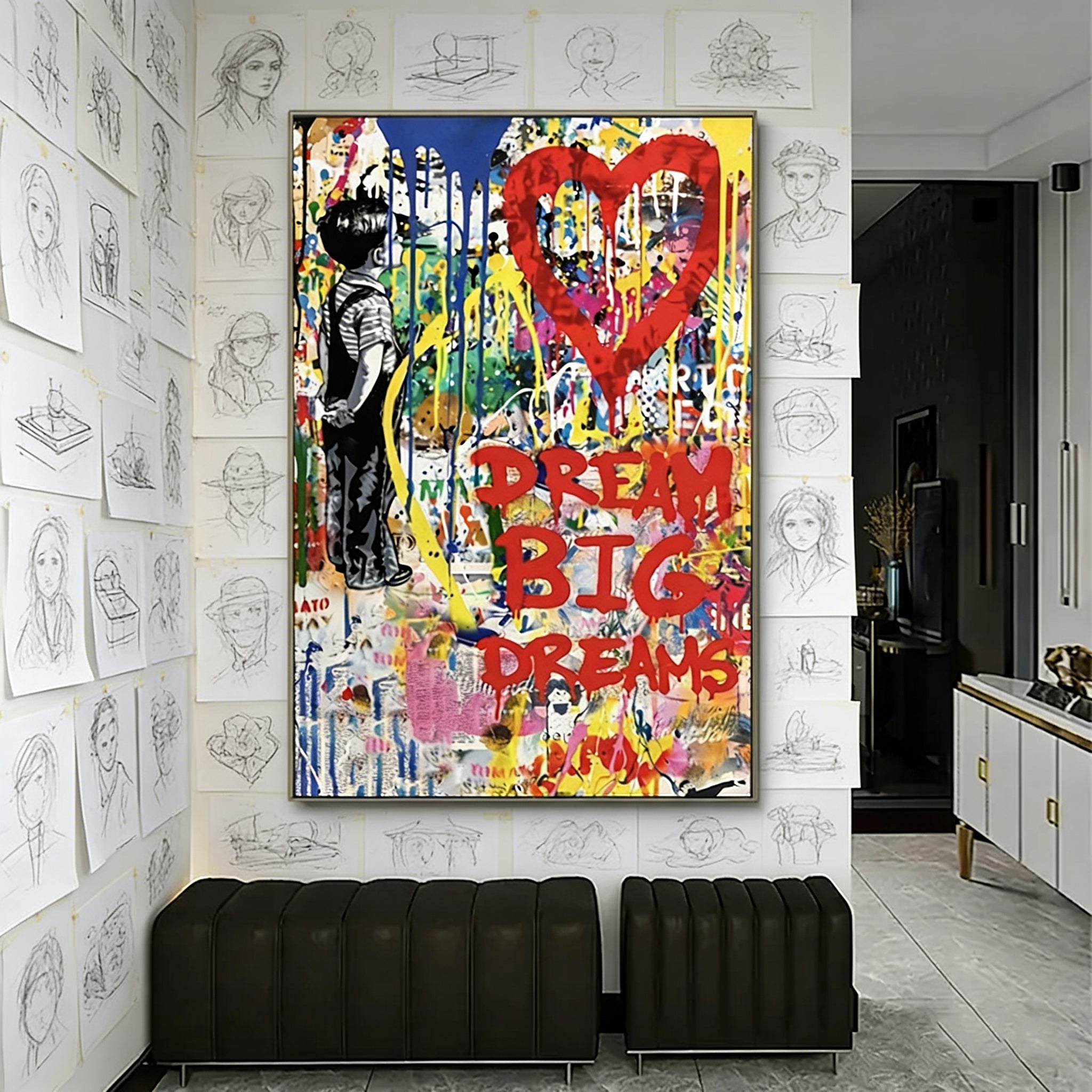 Stretched Hand-Painted "Urban Whisper" Oil Painting – Textured Graffiti-Inspired Statement Canvas for Modern Spaces