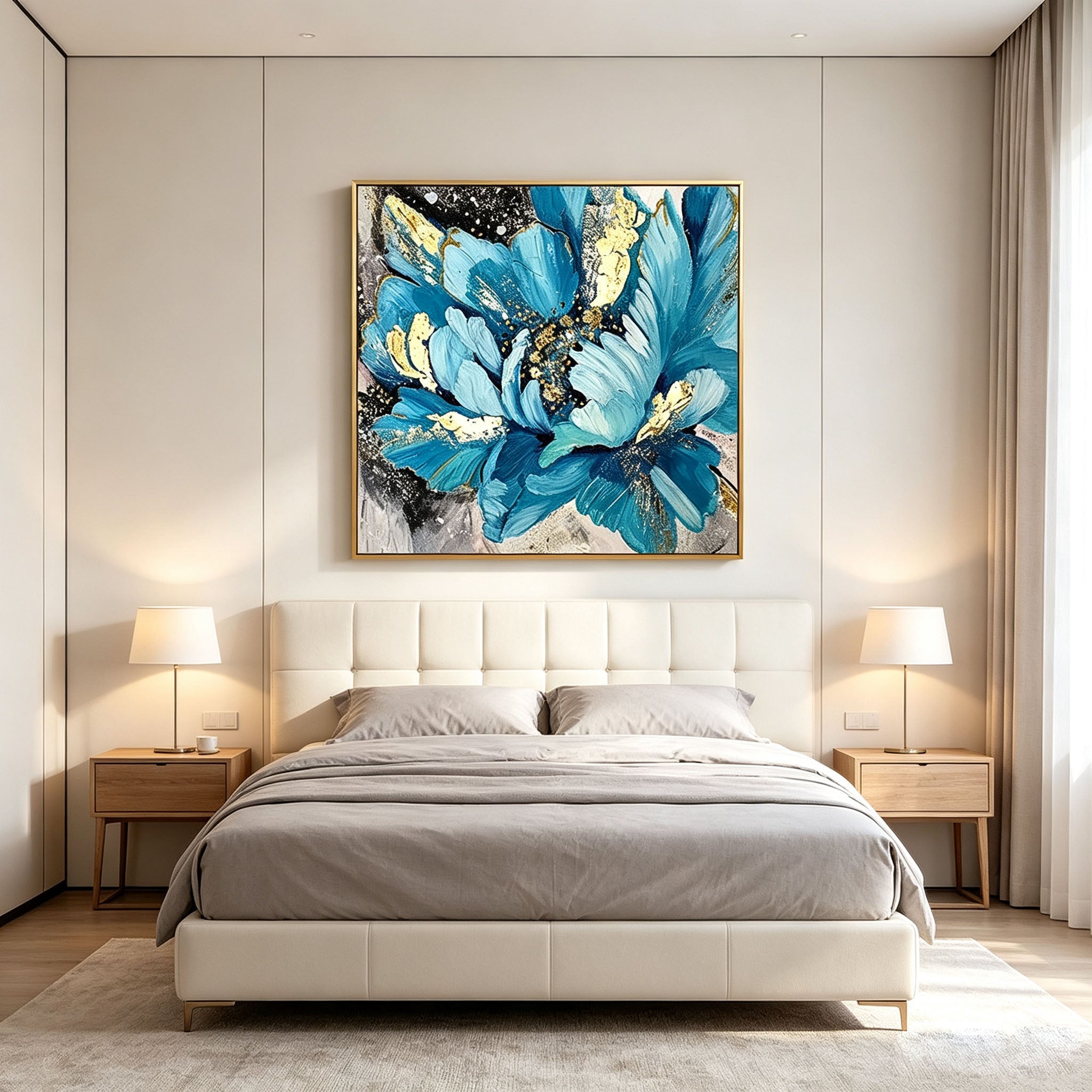 Thick Impasto Blue Flower Oil Painting, Gold Foil Textured Floral Canvas Wall Art, Modern Large Bloom Botanical Decor