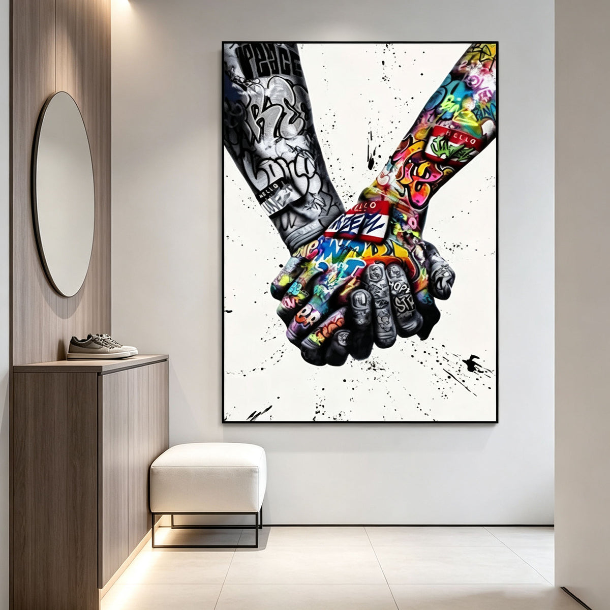 Graffiti Holding Hands Canvas Wall Art | Street Art Unity Peace Painting for Modern Home Decor