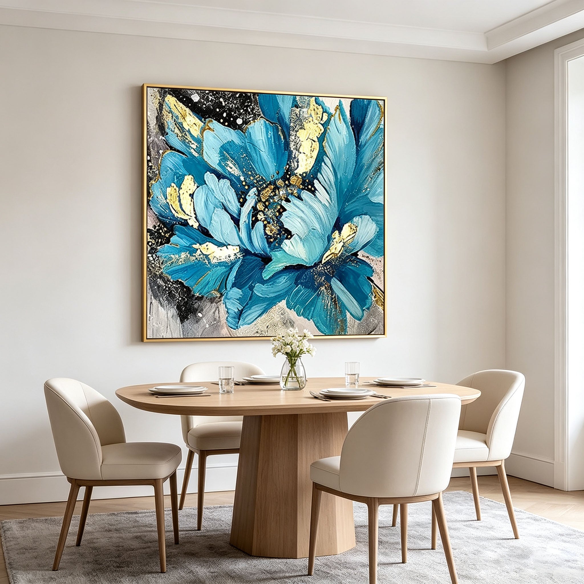 Thick Impasto Blue Flower Oil Painting, Gold Foil Textured Floral Canvas Wall Art, Modern Large Bloom Botanical Decor
