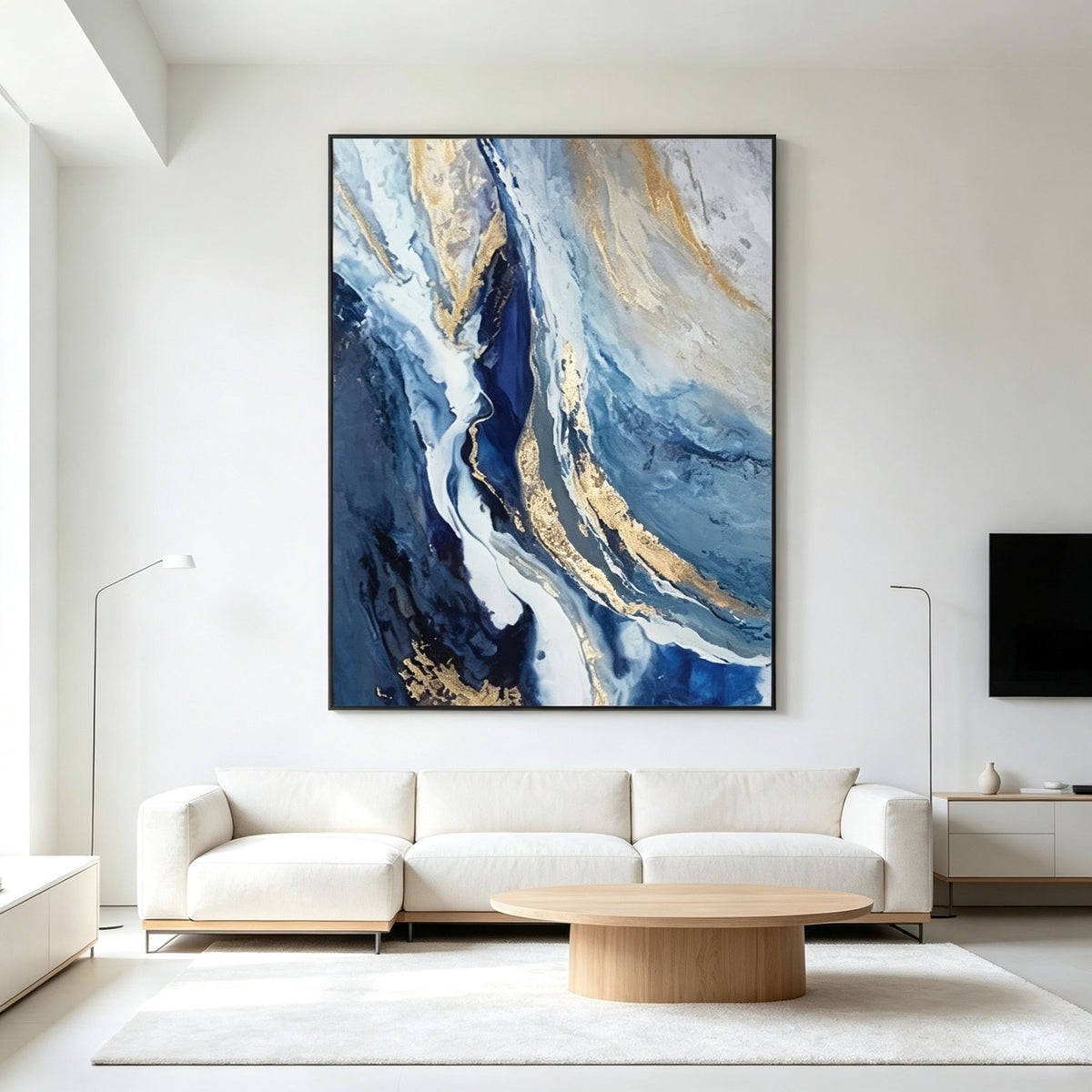 Blue Gold Abstract Wall Art, Fluid Art Oil Painting, Large Marble White Gold Texture Canvas, Black Frame Luxury Living Room Decor