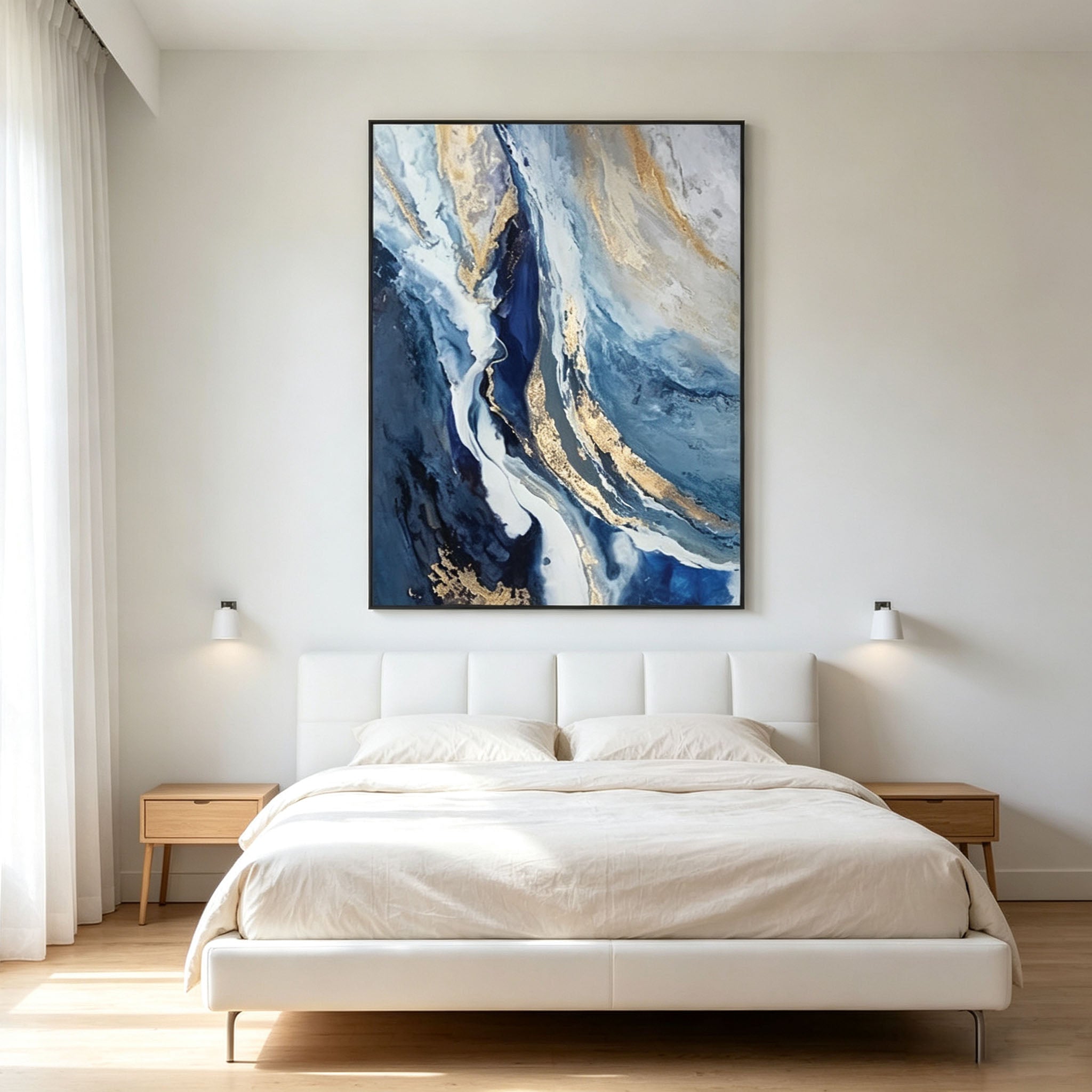 Blue Gold Abstract Wall Art, Fluid Art Oil Painting, Large Marble White Gold Texture Canvas, Black Frame Luxury Living Room Decor