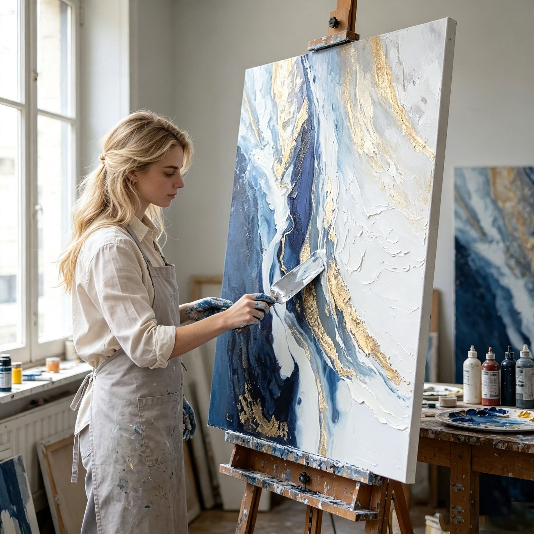 Blue Gold Abstract Wall Art, Fluid Art Oil Painting, Large Marble White Gold Texture Canvas, Black Frame Luxury Living Room Decor