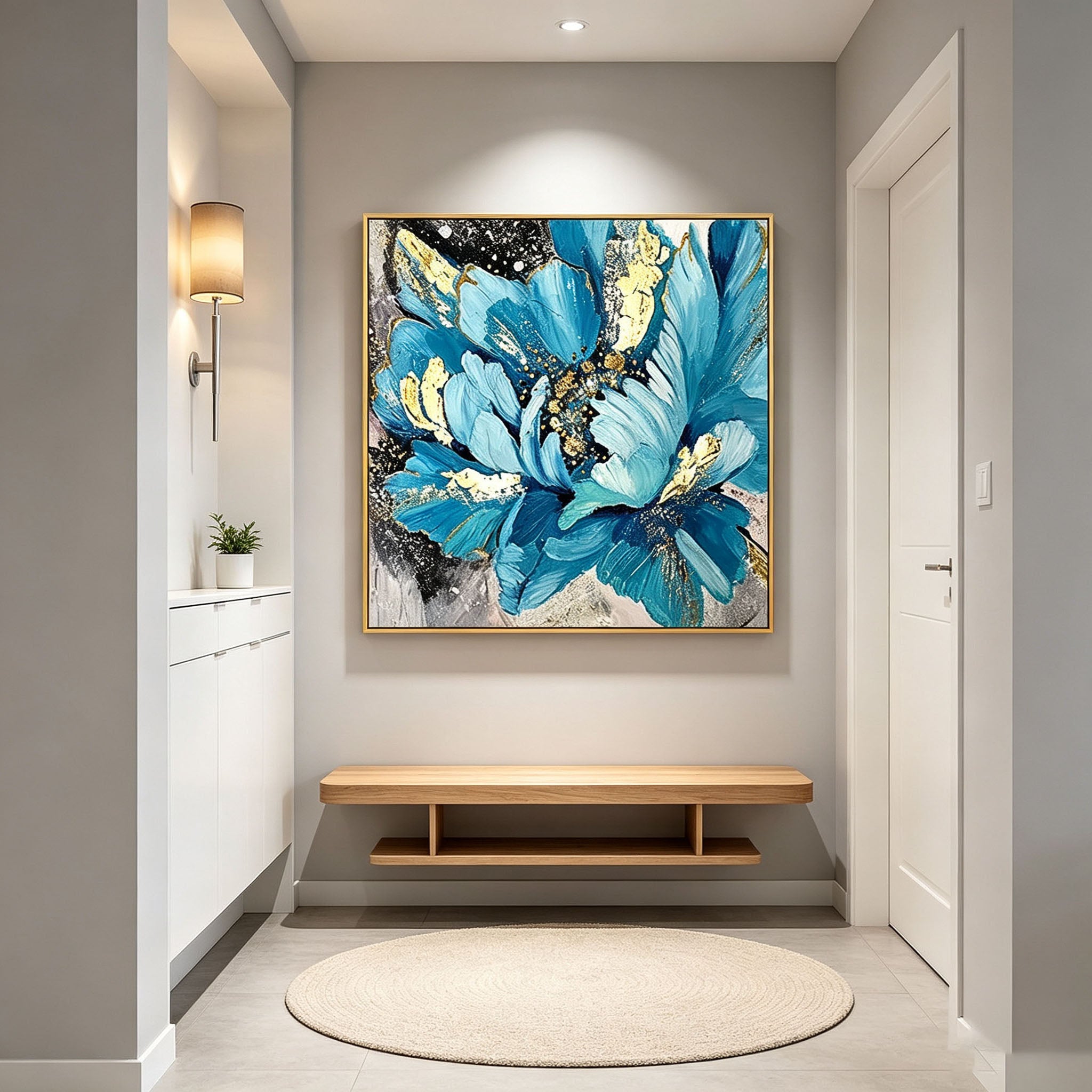 Thick Impasto Blue Flower Oil Painting, Gold Foil Textured Floral Canvas Wall Art, Modern Large Bloom Botanical Decor