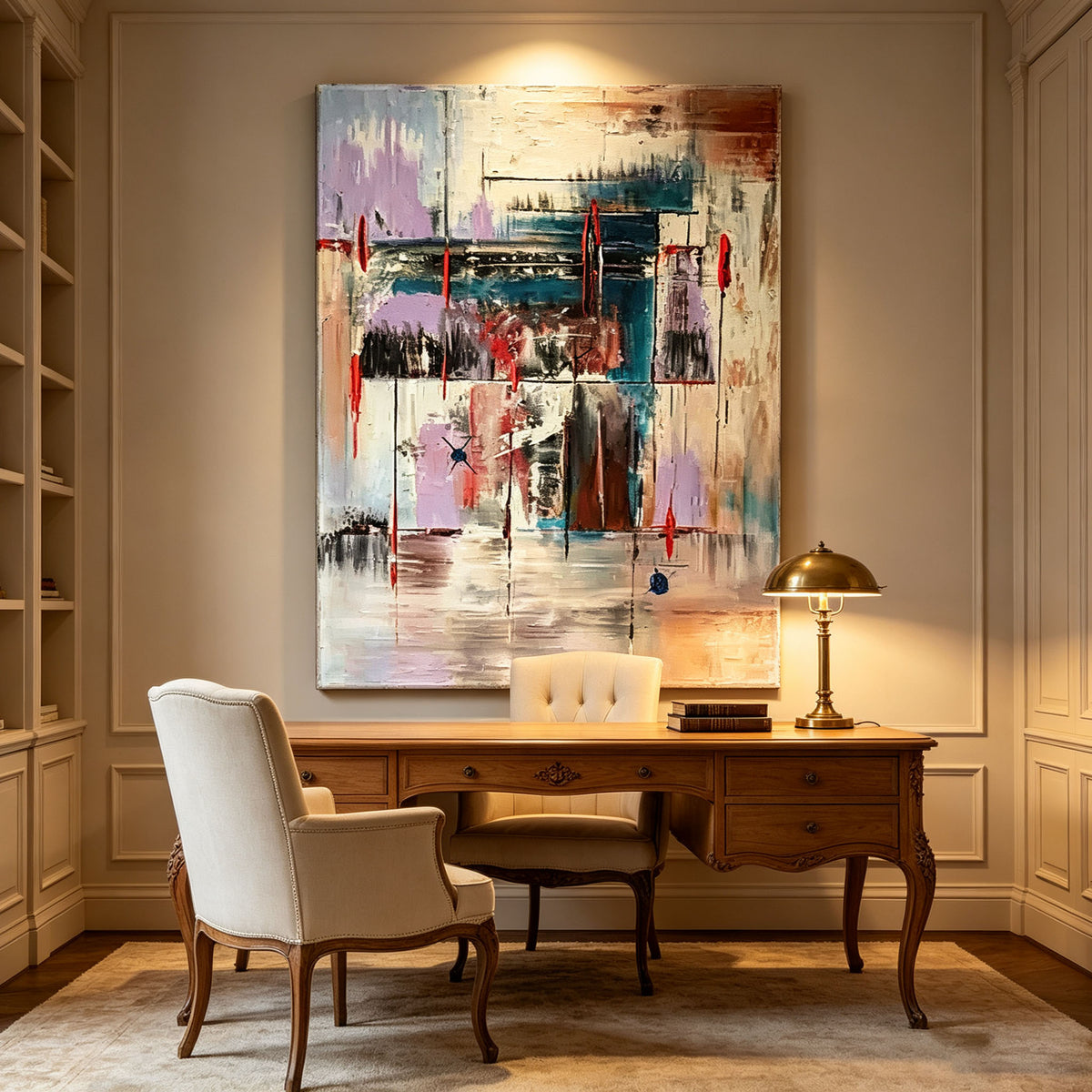 Purple Blue Abstract Wall Art, Colorful Layered Oil Painting, Red Green Elegant Textured Canvas, Luxury Dining Room Wall Decor