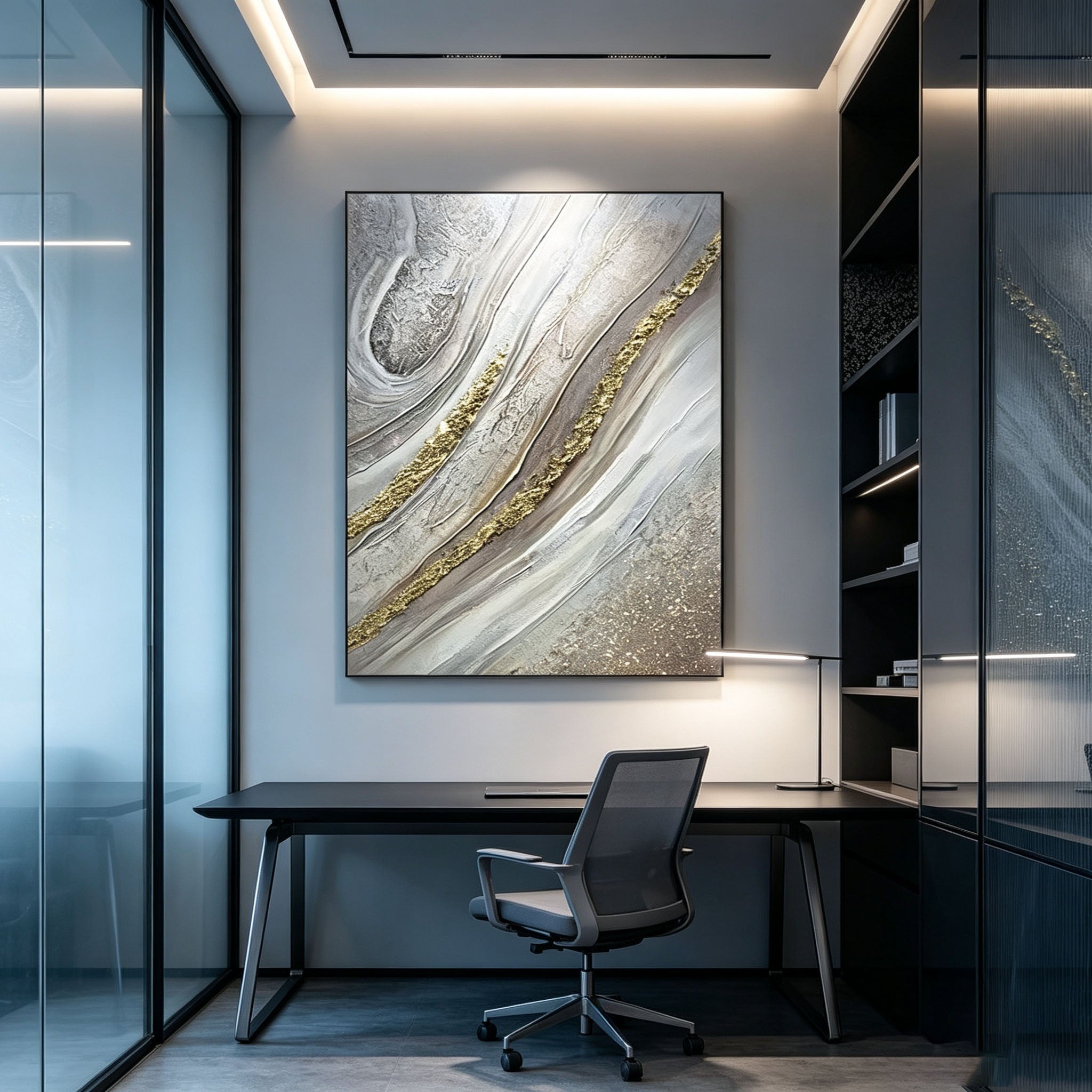 Silver Gold Abstract Wall Art, Vertical Textured Oil Painting, Gray White Gold Swirl Canvas, Modern Office Black Frame Decor