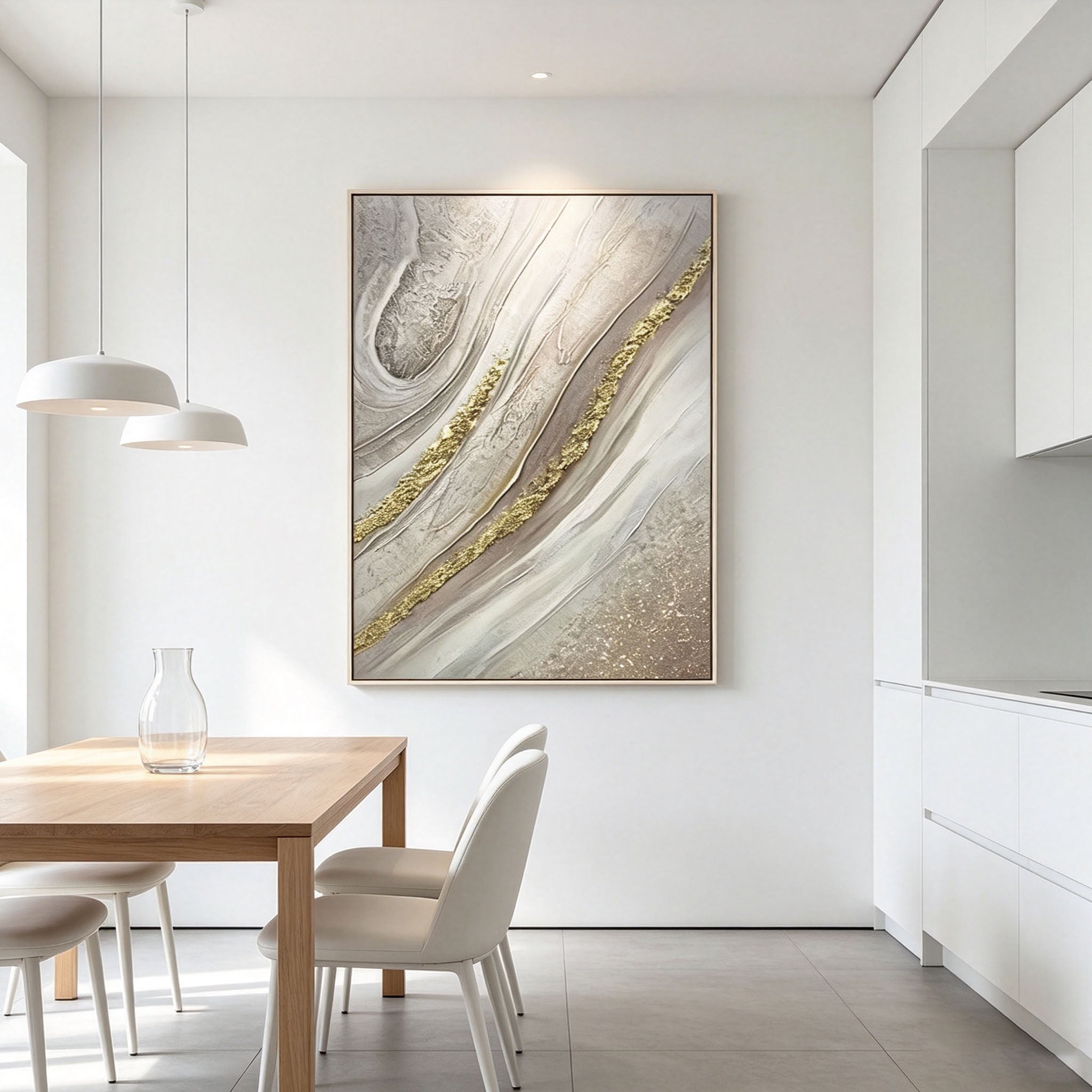 Silver Gold Abstract Wall Art, Vertical Textured Oil Painting, Gray White Gold Swirl Canvas, Modern Office Black Frame Decor
