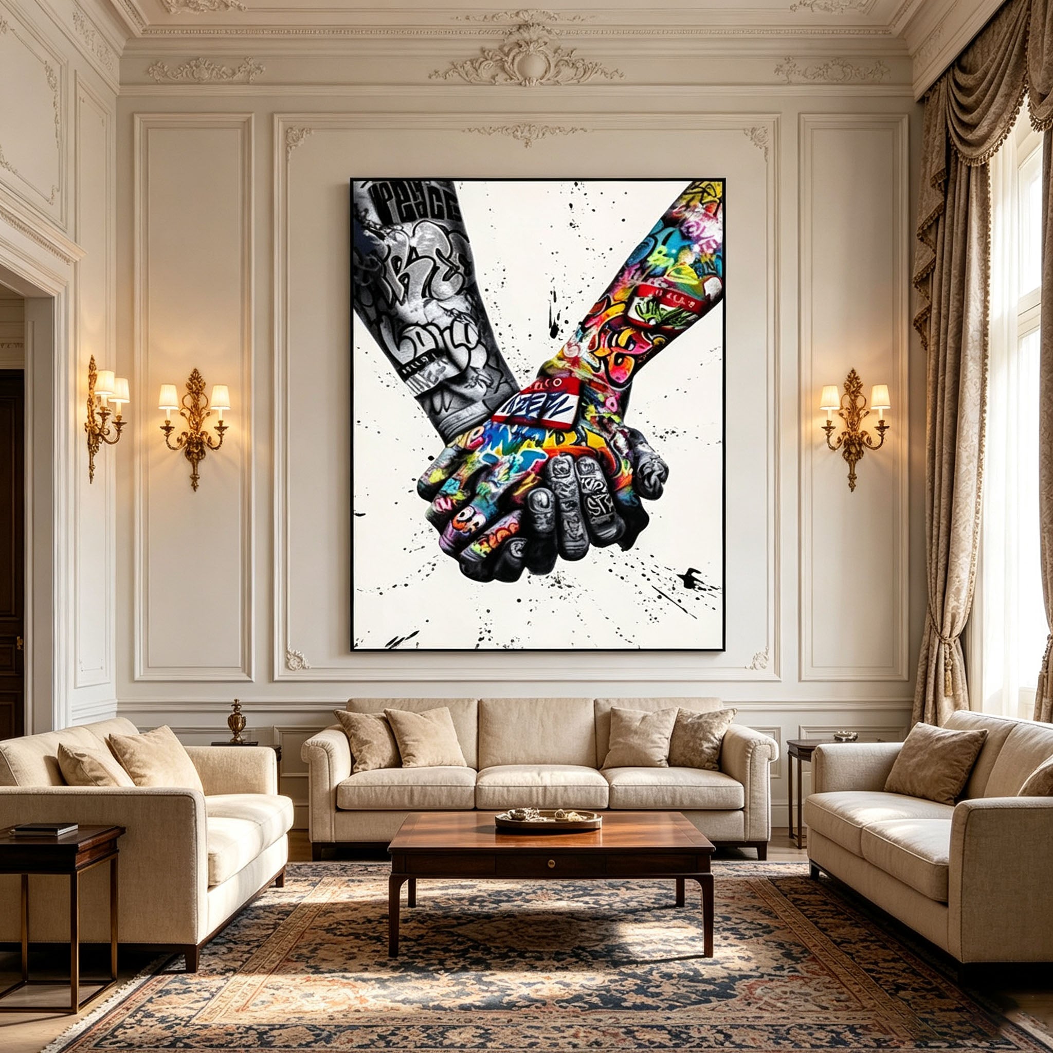 Graffiti Holding Hands Canvas Wall Art | Street Art Unity Peace Painting for Modern Home Decor