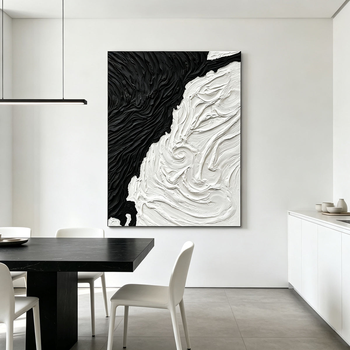 Black White Abstract Wall Art, Large Impasto Swirl Oil Painting, Textured Monochrome Canvas, Modern Office Art Decor