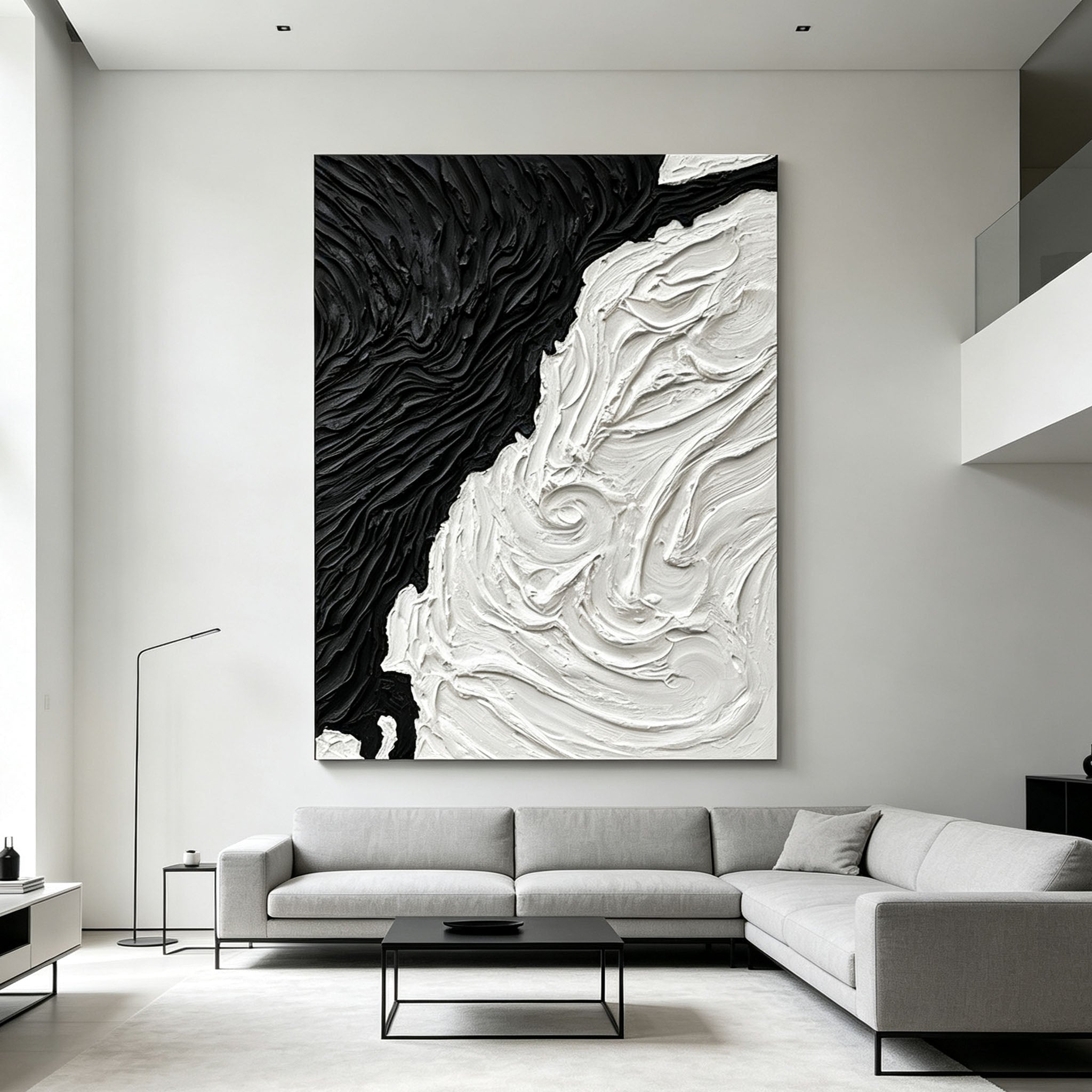 Black White Abstract Wall Art, Large Impasto Swirl Oil Painting, Textured Monochrome Canvas, Modern Office Art Decor