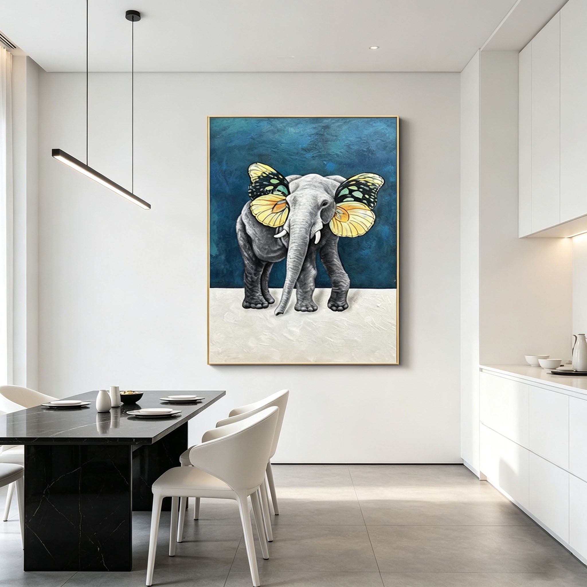 Elephant Butterfly Wall Art, Surreal Animal Oil Painting, Gold Frame Blue Green Abstract Canvas, Unique Modern Living Room Decor