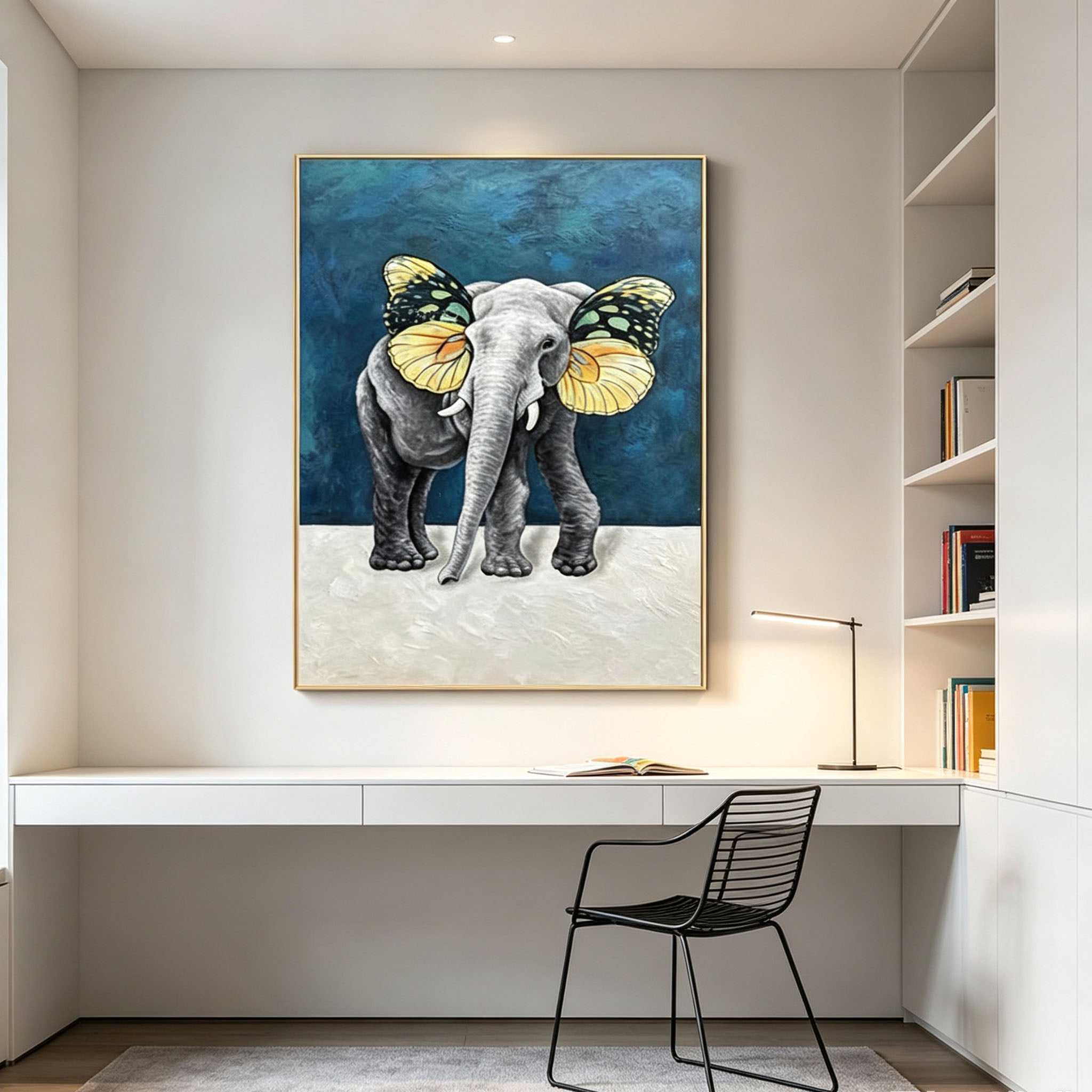 Elephant Butterfly Wall Art, Surreal Animal Oil Painting, Gold Frame Blue Green Abstract Canvas, Unique Modern Living Room Decor