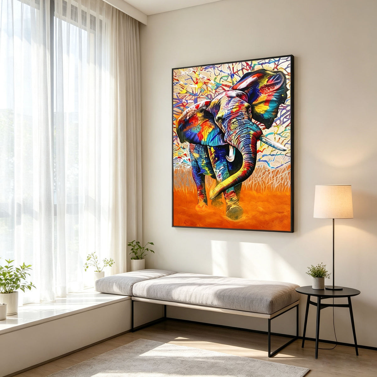 Colorful Elephant Wall Art, Graffiti Style Oil Painting, Multicolor Animal Canvas, Orange Abstract Background, Modern Study Decor