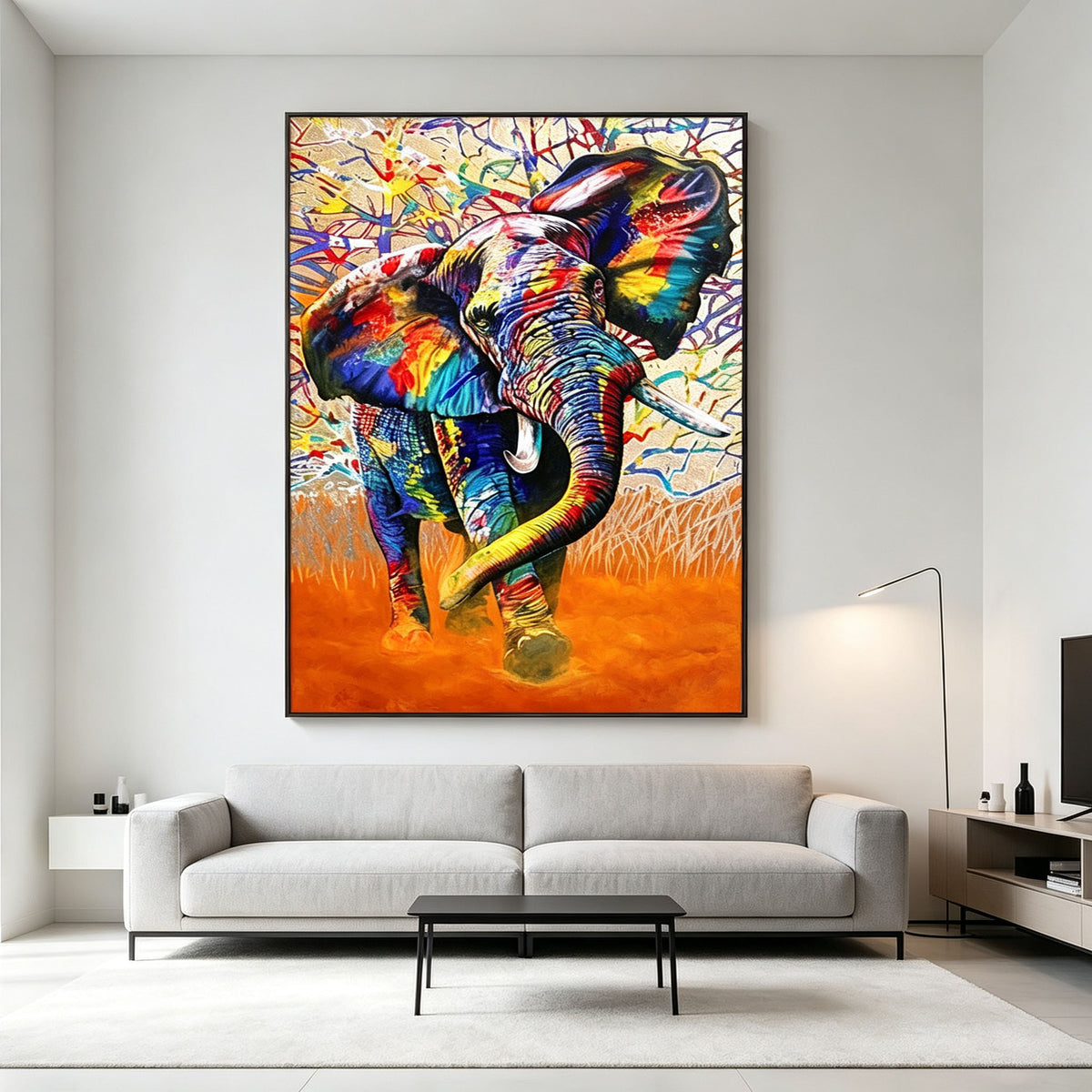 Colorful Elephant Wall Art, Graffiti Style Oil Painting, Multicolor Animal Canvas, Orange Abstract Background, Modern Study Decor