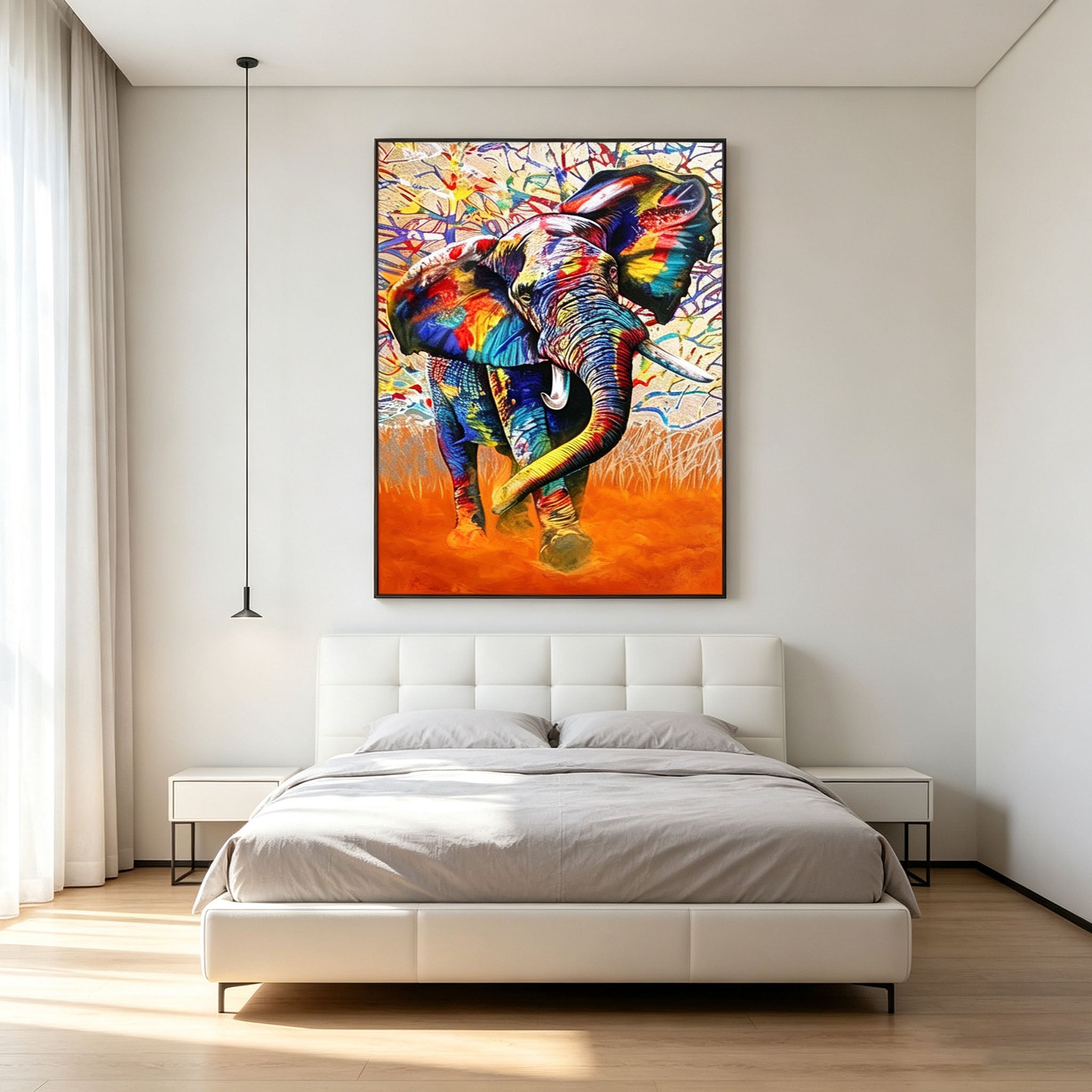 Colorful Elephant Wall Art, Graffiti Style Oil Painting, Multicolor Animal Canvas, Orange Abstract Background, Modern Study Decor