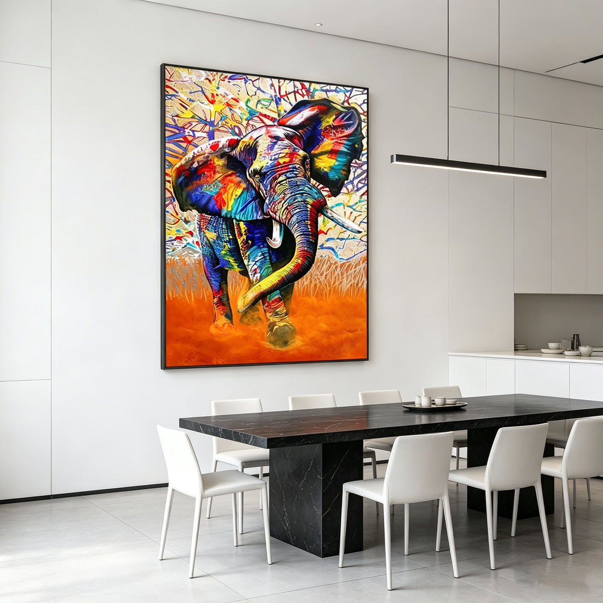 Colorful Elephant Wall Art, Graffiti Style Oil Painting, Multicolor Animal Canvas, Orange Abstract Background, Modern Study Decor