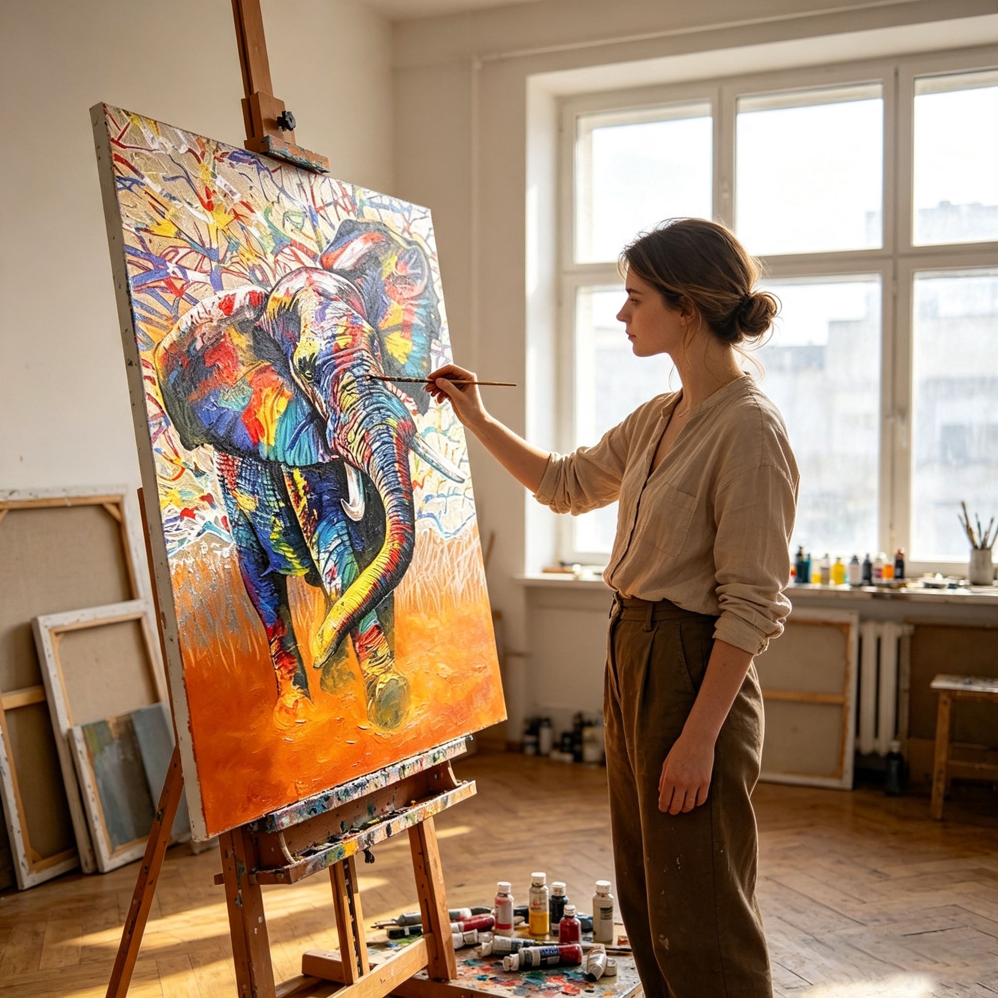Colorful Elephant Wall Art, Graffiti Style Oil Painting, Multicolor Animal Canvas, Orange Abstract Background, Modern Study Decor