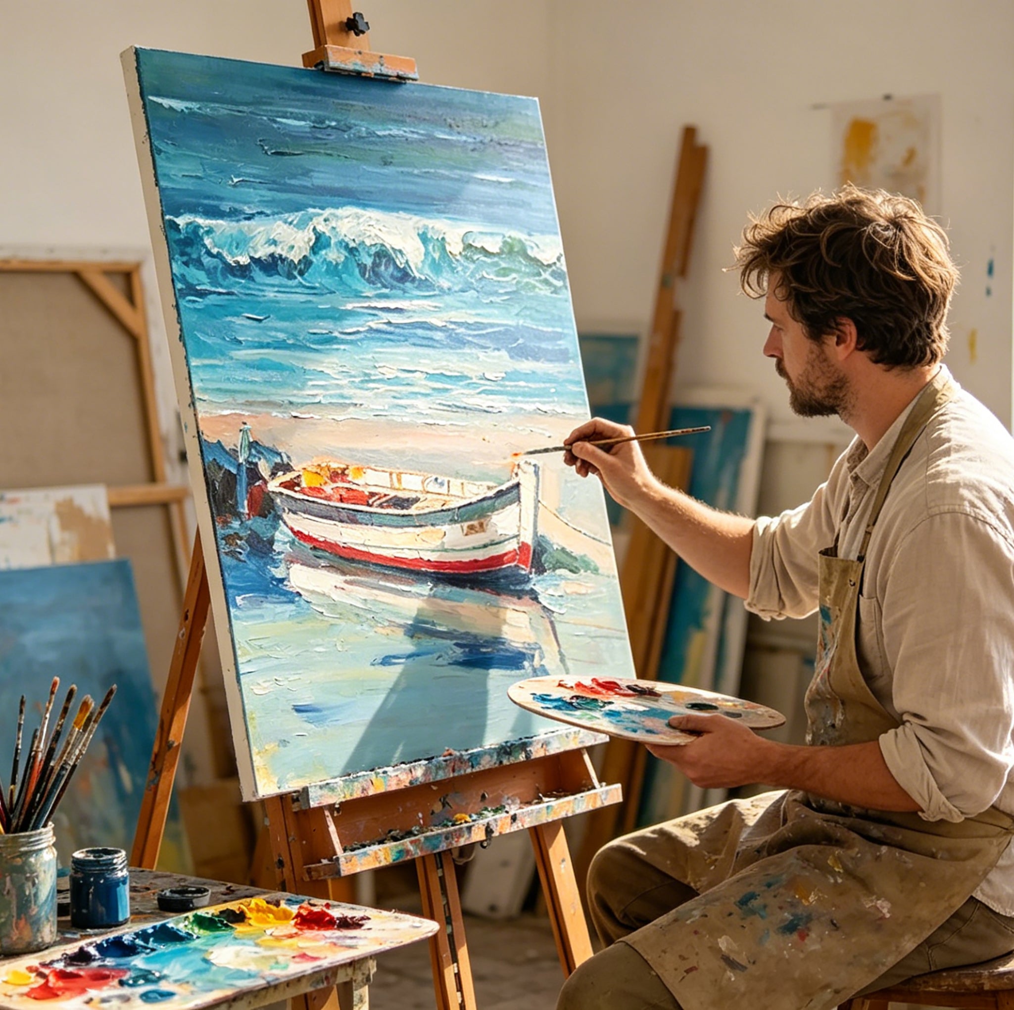 Hand-Painted "Harbor Moonlight" Oil Painting – Textured Nautical Statement Canvas for Coastal Elegance