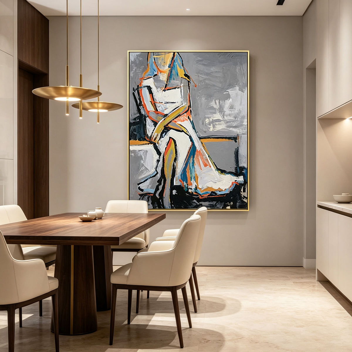 Abstract Figure Wall Art, Gold Frame Oil Painting, Gray White Blue Orange Yellow Portrait Canvas, Luxury Bedroom Wall Decor