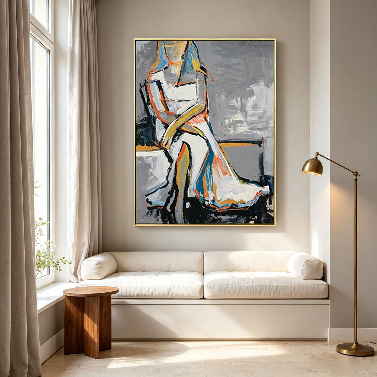 Abstract Figure Wall Art, Gold Frame Oil Painting, Gray White Blue Orange Yellow Portrait Canvas, Luxury Bedroom Wall Decor