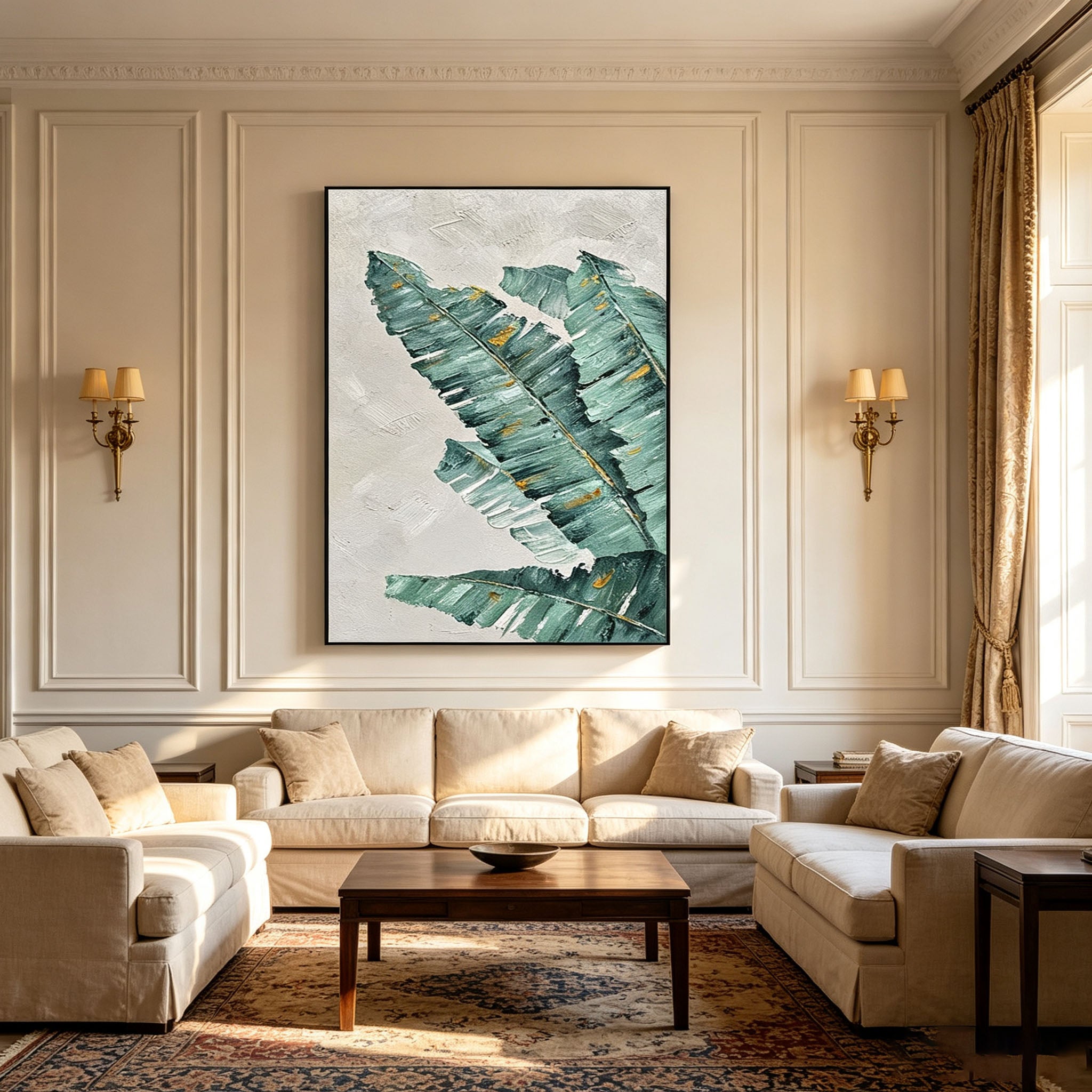 Textured Banana Leaf Canvas Wall Art, Green Tropical Plant Oil Painting for Living Room Home Decor