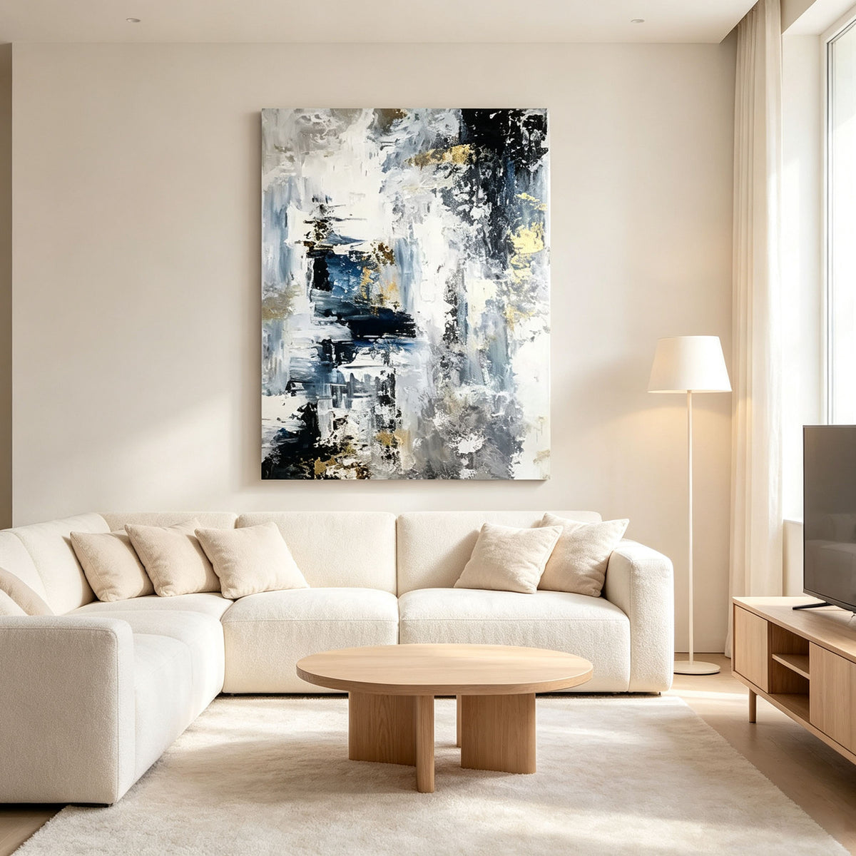 Black White Blue Abstract Wall Art, Gold Texture Oil Painting, Layered Canvas, Modern Home Office Study Wall Decor