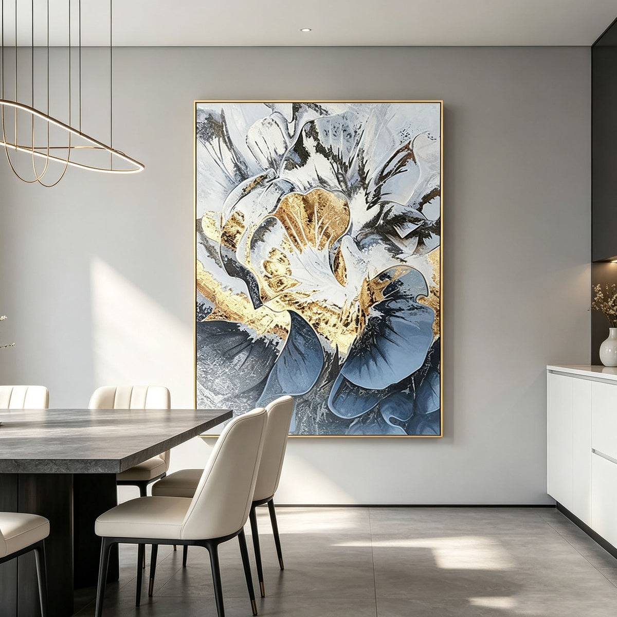 Abstract Floral Wall Art, Gold Frame Oil Painting, White Blue Gold Black Textured Canvas, Luxury Office Decor