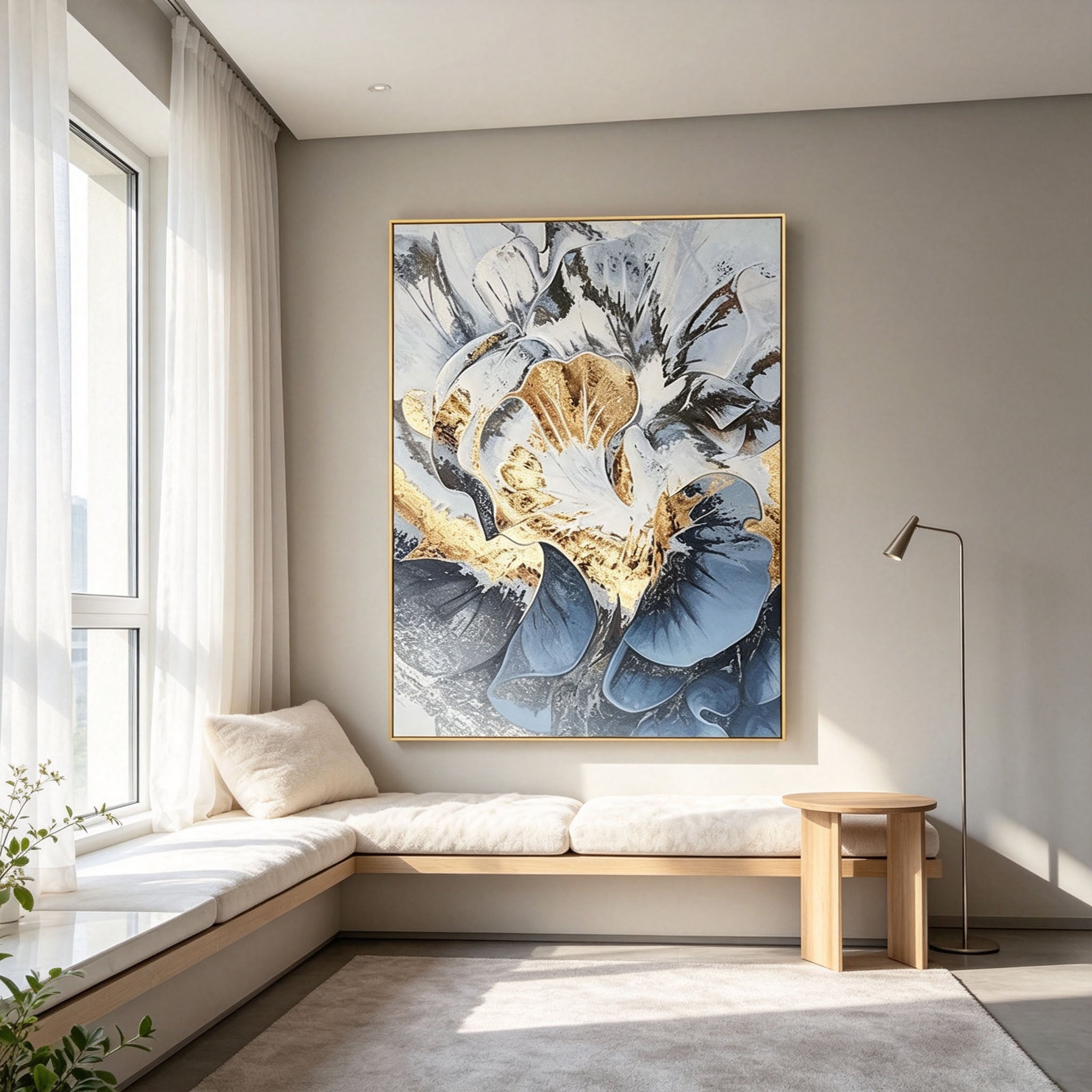 Abstract Floral Wall Art, Gold Frame Oil Painting, White Blue Gold Black Textured Canvas, Luxury Office Decor